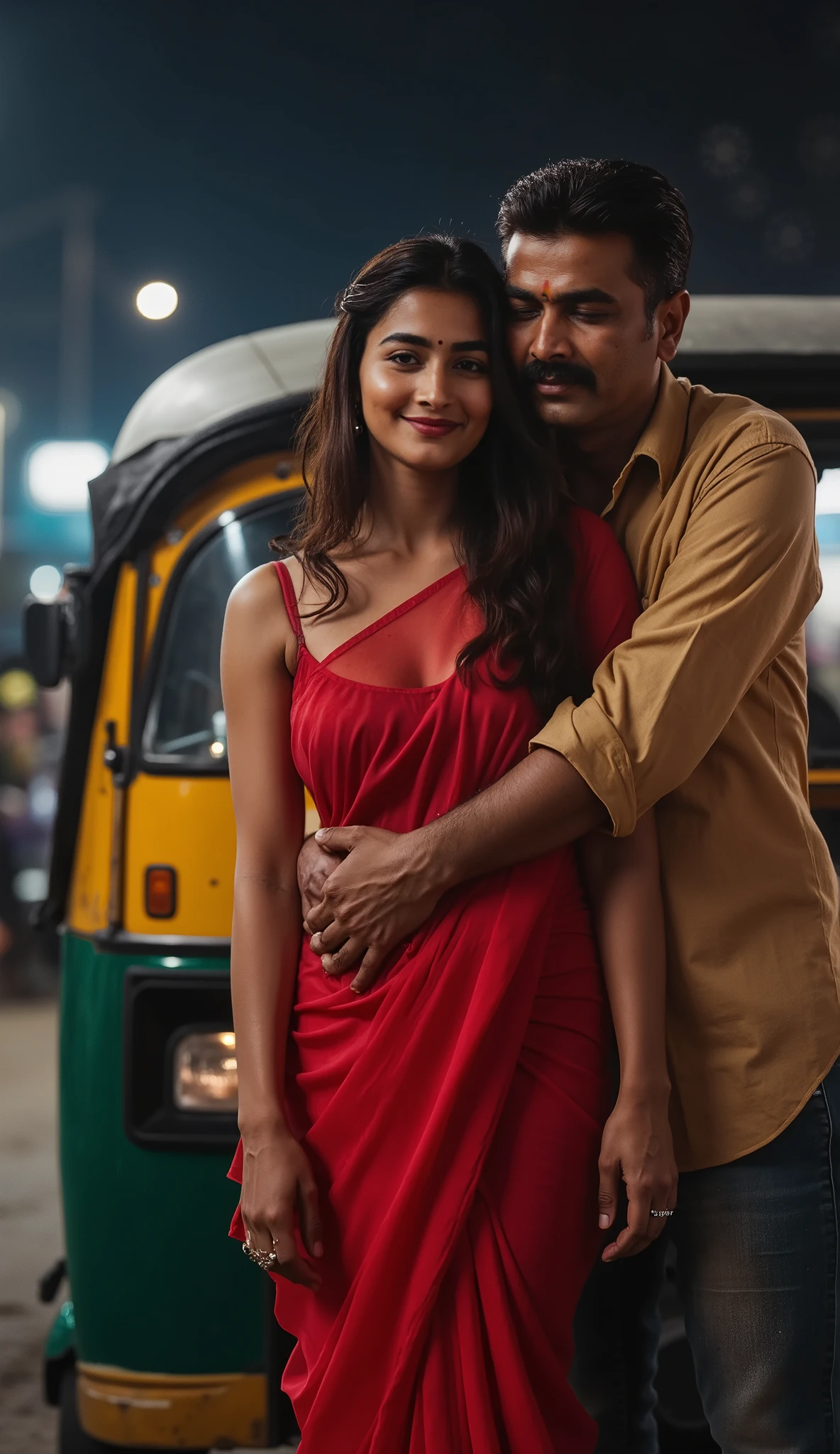 An Indian woman age 25 is dressed in a vibrant red transparent saree, hugged from behind by a man. She is wearing a sleeveless blouse under the saree. Her hair is long and loose. She smiles mysteriously at the camera. The man is in his 50s, wearing a light khaki-colored shirts and has a big moustache. The scene takes place outdoors in a night market, under a soft night ambient lighting. The setting is a street, with an old yellow auto-rickshaw prominently featured in the mid-ground. The lighting is warm and dramatic, emphasizing the contours of the bodies, highlighting the woman's figure and the close proximity of the men. The composition is a medium close-up, focusing on the interaction between the figures. The atmosphere is tense, suggestive, and laced with intimacy