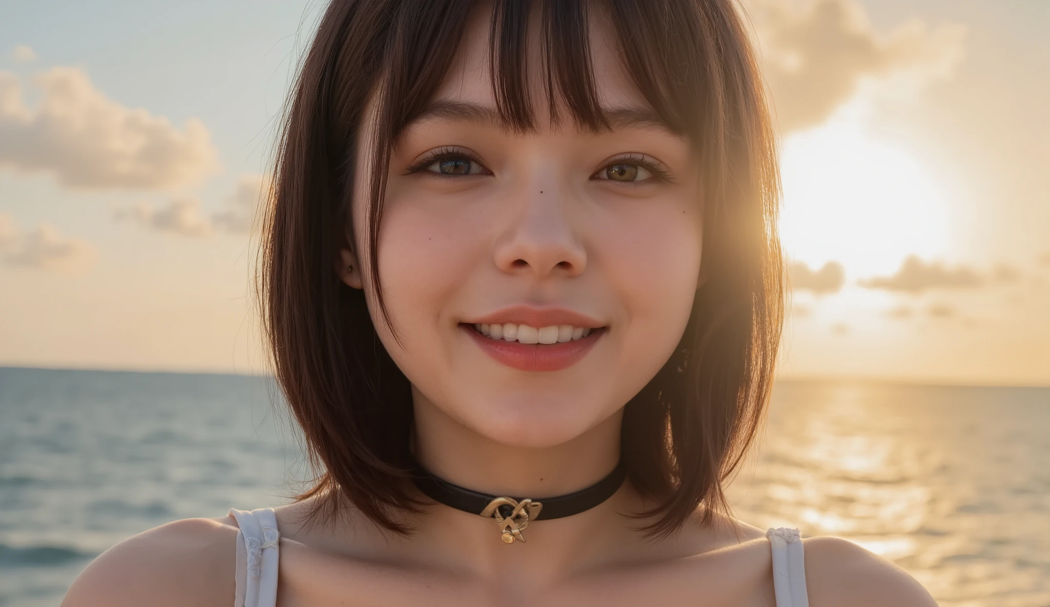 masterpiece、Ultra HD、distinct、RAW UHD format、 One 17 year old girl, highest quality, Realistic, alone, Depth of written boundary, Natural light, Attractive face、 Beautiful Face、Crystal Clear、clean, Pure Face, Detailed skin texture, Cute Smile, A big smile、((LOL))、short hair, Beach, sunset、Sunset、Sunset coast, Small breasts, ((Beautiful Face、Detailed eyeoist eyes)), Micro Bikini、choker、(((Full body photo)))