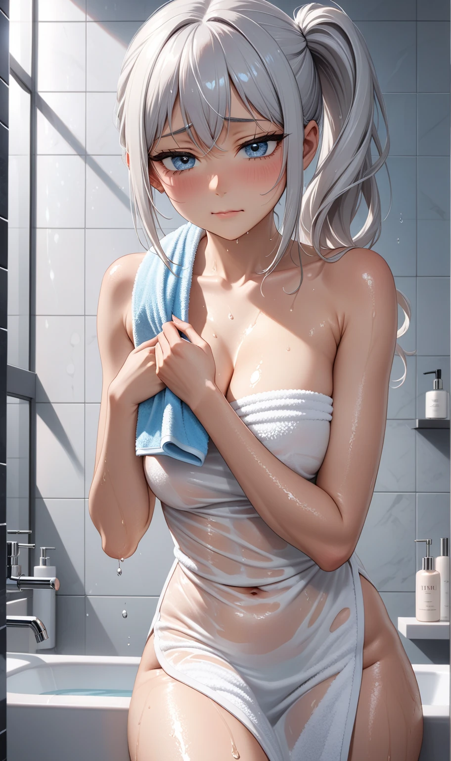 from directly back,shower room,naked,霞,black hairband,silver hair,side ponytail,(((masterpiece))), (((Portraiture))), Kujou Sara, Diffuse Light, Dynamic Shadows, Sharp focus, Genuineistic, detailed, High resolution, Absurd, White Background, very good, photoGenuineistic, Genuine, Wet, mascara, blush, Sleeveless, like々New Look, naked hip, (((Place your hands behind your back)))