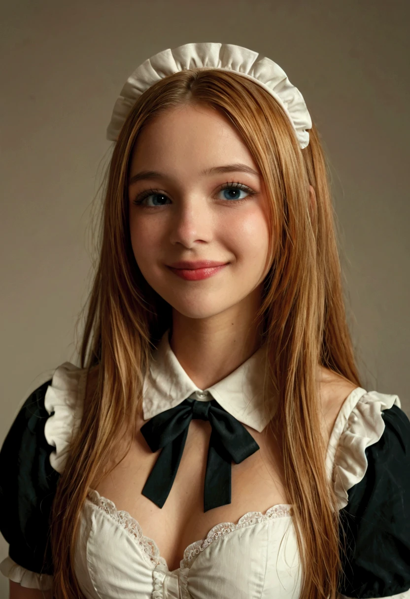((high definition)), a busty ((13 year old)) teen looking like ([Emma Watson|Rachel Brosnahan|Kristen Stewart]), ((pale skin)), freckles, [brown|blonde] hair with bangs, dressed as a french maid, bare breasts, ((huge breasts)), hazel doe eyes looking at the viewer