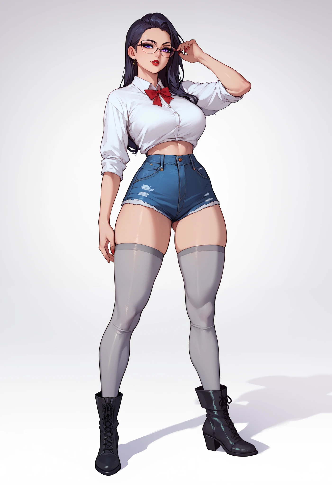 2D drawing sexy anime girl , good body, breasts waist thighs and legs ,  standing with red lipstick and glasses,  wears white blouse with neckline, blue denim shorts,  gray tights and black ankle boots ,  loose long black hair , purple eyes.