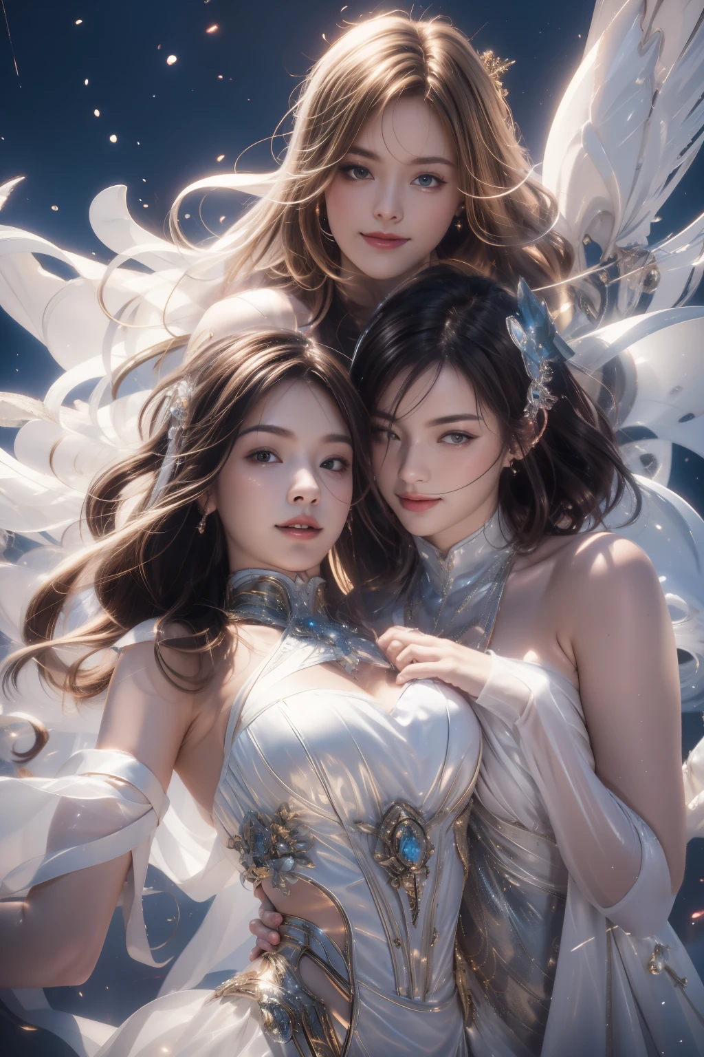 A beautiful dance on ice featuring two girls, dressed in glossy dresses, realistic and fantastical atmosphere, ethereal lighting, intricate details, whimsical background, soft glows, elegant poses, magical winter scenery