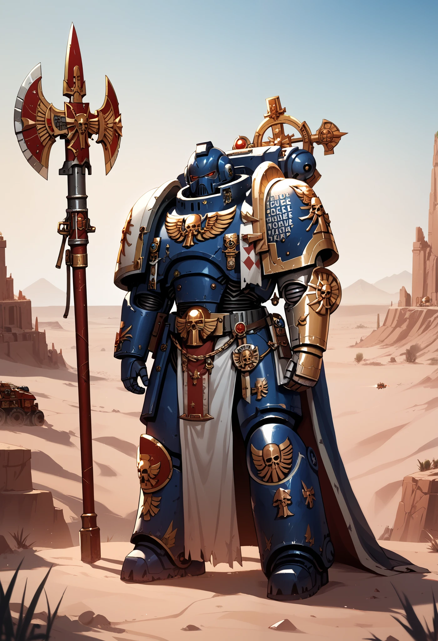 Anime: 1.5, Illustration art, Absurd resolution, high resolution, (masterpiece: 1.4), hyper-detail, warhammer 40k, full body, glowing weapon, cloak, armor, trimmings, 1man, bulky, buff, plume, loin cloth, crusader helmet, reference sheet, iron halo, DeathW40k, full shot, Holding_Halberd_V1, power armor, Solo, standing in a desert, octosoup, oversize pauldrons, solo