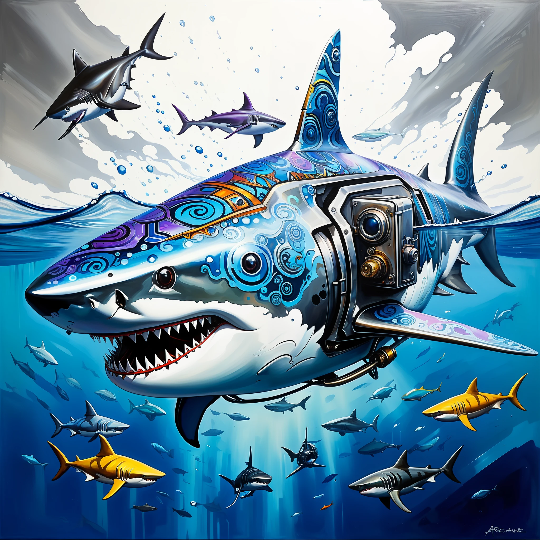 Create an epic fantasy RPG painting of a floating mechanical shark made of stainless steel, underwater futuristic creature, floating, mechanical shark made of stainless steel, Midjourney effect, LoL Arcane style, hand painted, harmoniously blending 2D and 3D styles, watercolor with graffiti and oil painting. Impressionist style with vibrant colors and intricate patterns, blend of 2D and 3D with peeling paint details, Midjourney effect, LoL Arcane style, mechanical shark made of stainless steel inspired in African futurism, mechanical shark made of stainless steel, floating underwater, painting with artistic harmony, concept art station. Hyper-realistic painting, mechanical shark made of stainless steel floating inspired by futuristic, surreal matte painting, magical realism matte painting, blend of 2D and 3D, harmonious blend of artistic styles such as graffiti, watercolor and oil painting, handmade painting. The vibrant colors and intricate patterns of this epic fantasy RPG painting of mechanical shark made of stainless steel floating, African futurism, hyper-realistic handmade painting by renowned concept artist.