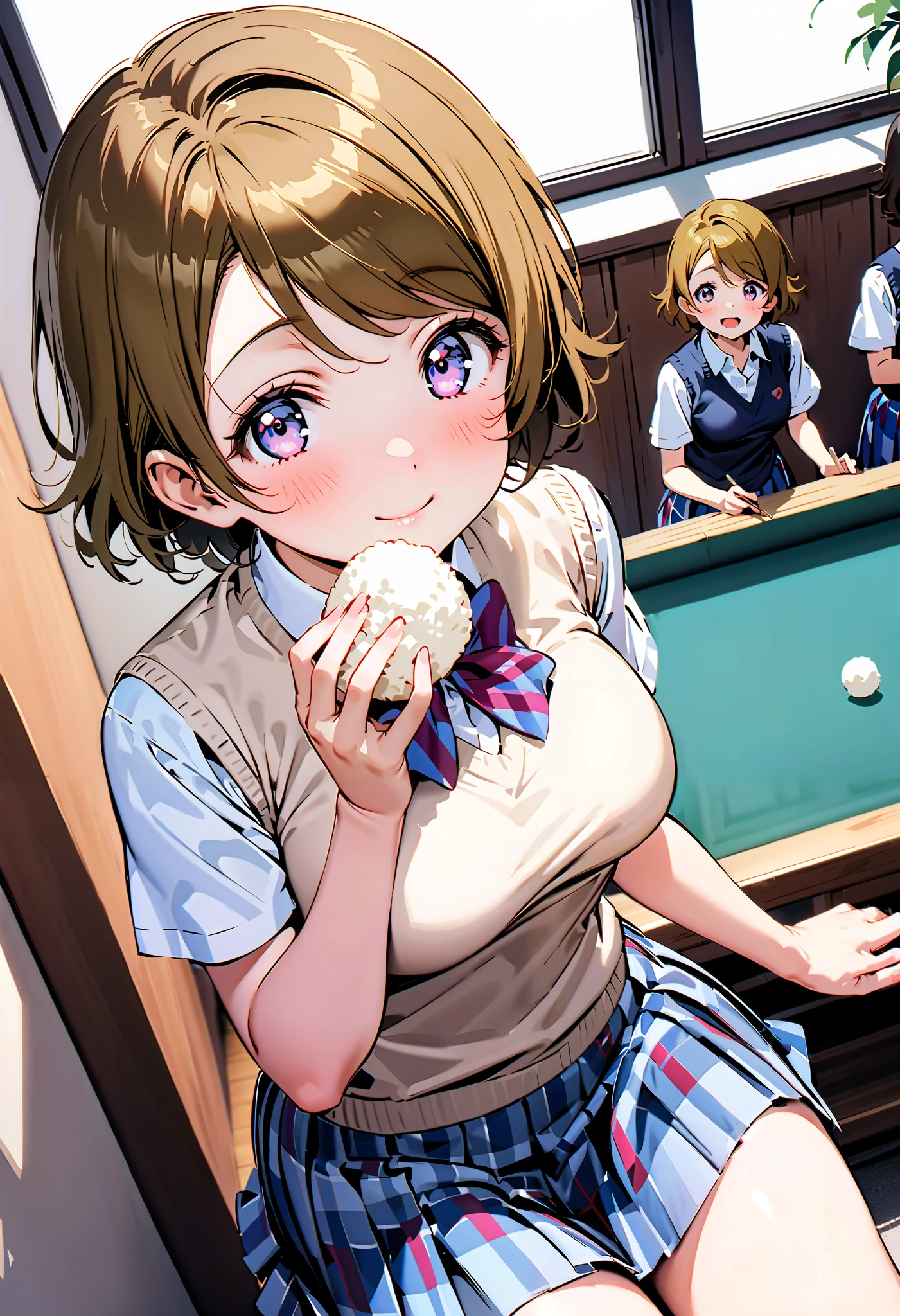 Hanayo Koizumi, short hair while on a business trip, tea hair, purple eyes,Medium breast,smile,blush, narrow your eyes, mouths, skirt , bow, school uniform , socks , check pattern , knee-high, check pattern skirt , sweater vest, summer uniform, otonokizaka school uniform ,It's leaning against a fence, is standing, as if the whole body is leaning against the fence {x} is in the illustration,eating rice ball,whole bodyがイラストに入るように, break looking at viewer,whole body,
break indoors, Club room,
break (masterpiece:1.2), best quality , kampala,unity 8k wallpaper,(shape:0.8),( fine, beautiful eyes :1.6),It's a person ,whole body写真,CG Details , (perfect hand, complete anatomy),),