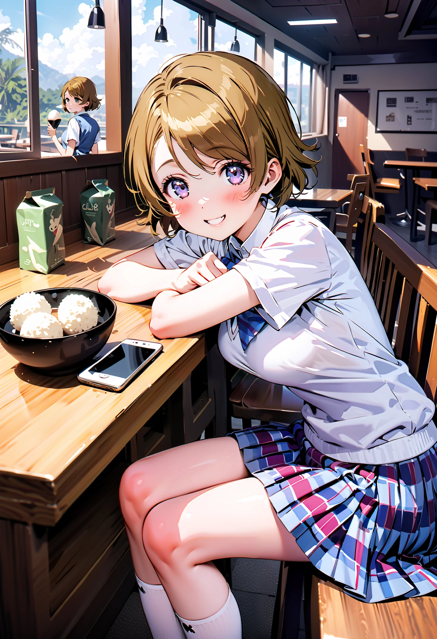 Hanayo Koizumi, short hair while on a business trip, tea hair, purple eyes,Medium breast,smile,blush, narrow your eyes, mouths, skirt , bow, school uniform , socks , check pattern , knee-high, check pattern skirt , sweater vest, summer uniform, otonokizaka school uniform ,It's leaning against a fence, is standing, as if the whole body is leaning against the fence {x} is in the illustration,eating rice ball,whole bodyがイラストに入るように, break looking at viewer,whole body,
break indoors, Club room,
break (masterpiece:1.2), best quality , kampala,unity 8k wallpaper,(shape:0.8),( fine, beautiful eyes :1.6),It's a person ,whole body写真,CG Details , (perfect hand, complete anatomy),),