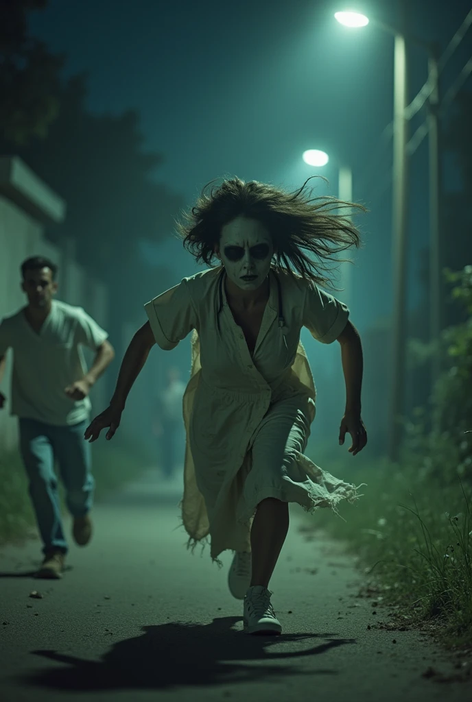 wide lens low angle shot, in the very dark forest, moon light. low light pitch black. a young malay man running in fear and terrified. He been chased by flying creepy looking woman, eerie, long black hair. pale face, zombie face, wearing white slubby dirty torn cloth. cinematic shots. horror film still. masterpiece, hyper realistic.