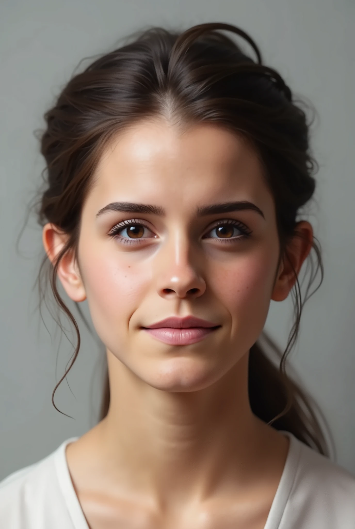full portrait looking from the front passport type with the hair back very realistic skin

