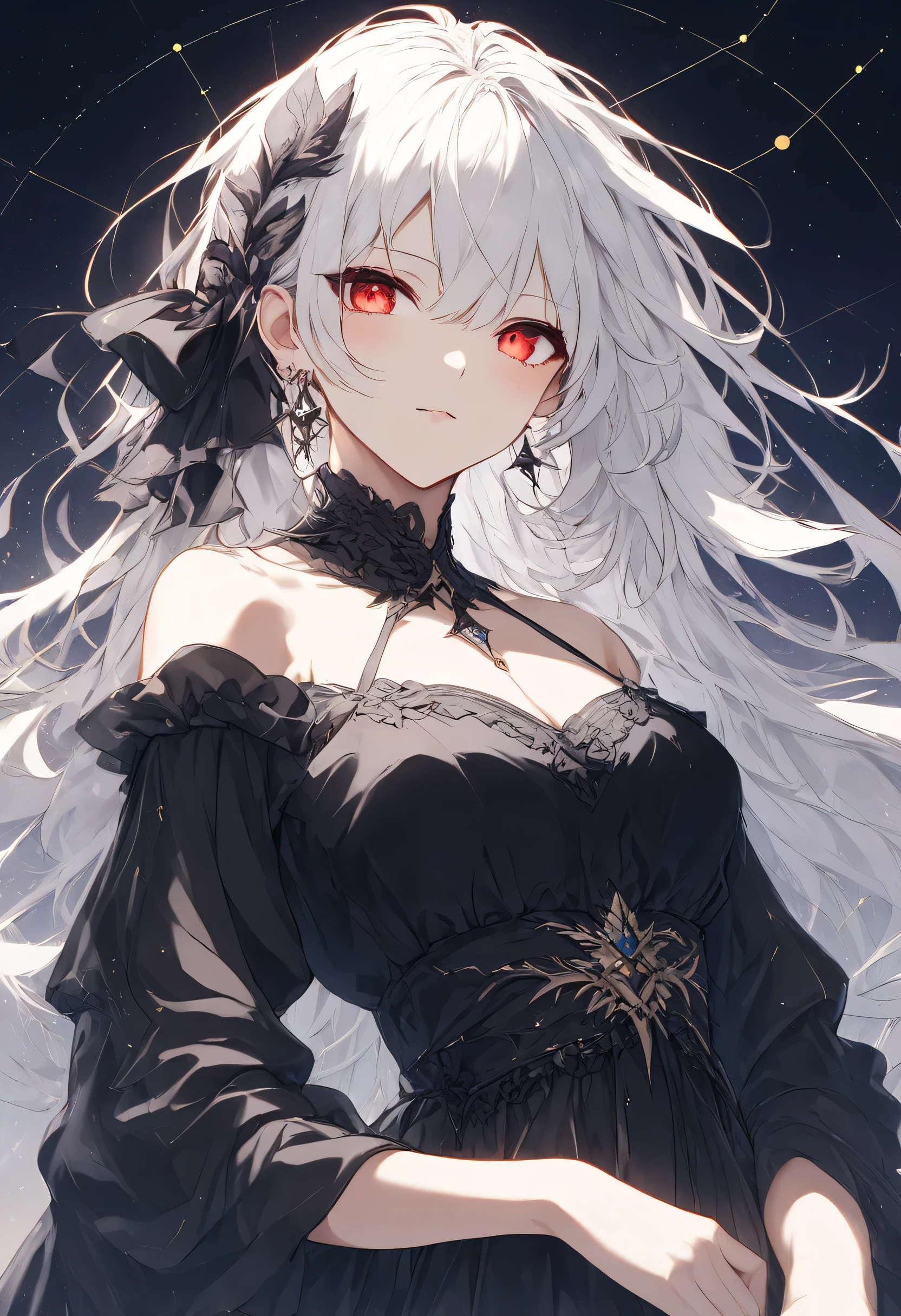 Female + white hair + red eyes + black dress + solo + constellation background