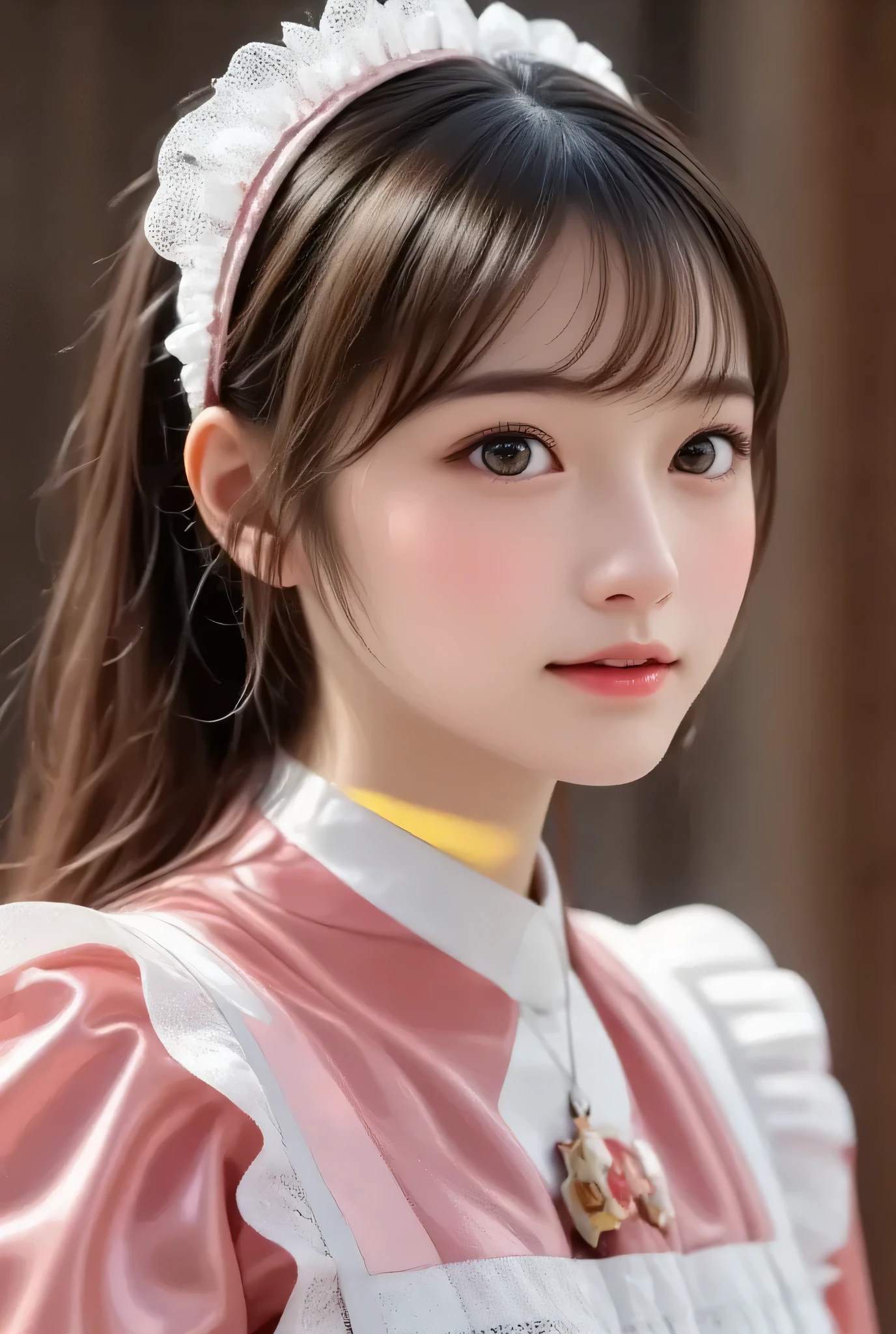 super shiny metallic pink and white maid costume,full body view,super cute young face,(happy smile:1.4)