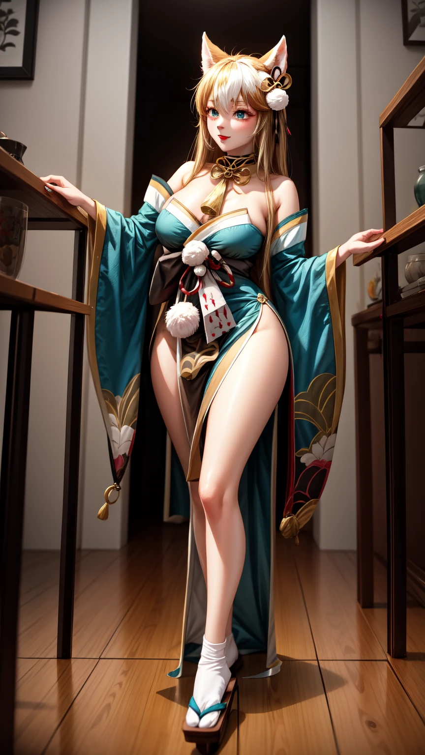 Masterpiece, Best Quality, (((Solo mature woman Janet))), (((platinum blonde hair))), long braided Ponytail, (((wide hips))), (((light blue eyes))), full lips, seductive smile, cleavage, sitting on wooden throne, (((bookshelves, candles))) sunset, blushing, , "beautiful mature face" , age30 , MILF , adult ((open kimono with detailed patterns of gold)), bare shoulder, ((Sexual suggestiveness)), perfect beautiful eyes, detailed eyes. thick lips, ((big boobs)), (Thick thighs), top down, looking down, (((shiny skin))), (((chubby))), (((crystal Ball)), necklace, bracelets, hoop earrings, (((European Face))), ((Oiran)), Japanese Clothing, Boobplate, obi, intricate, eye shadow, floral print, hairpin, lipstick, make-up, red lips, sarashi, kiseru, kanzashi
