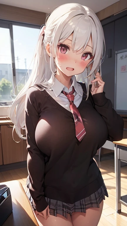 mastute piece,Best Quality,insanely detailed,8k cg,nsfw,
(shoot upper body:1.3),
(1girls:1.3),standing,looking at viewr,body in front,both arms behind back,(school costume),
break,
blush,shy,(trembling:1.2),white hair,
break,
perfect breasts,perfect teats,(open mouth:0.9),(large breasts:1.2),
classroom,