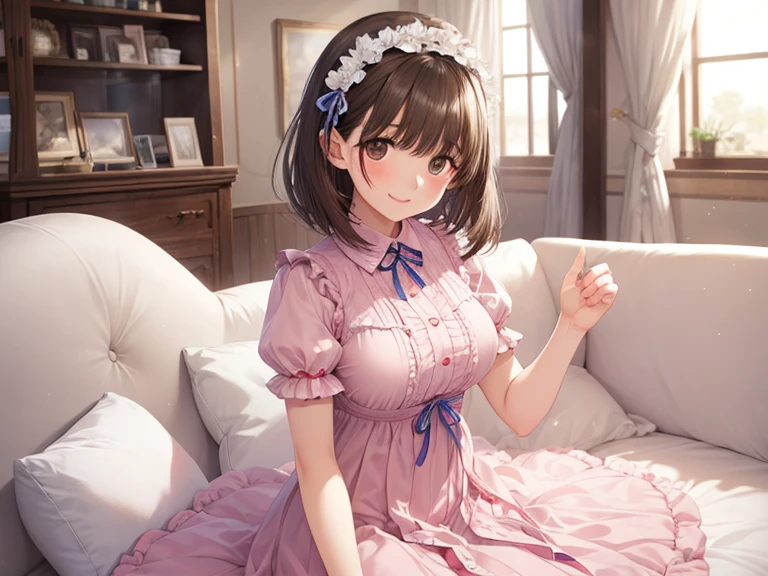 anegasaki nene、Shiny brown hair, short hair, (Beautiful brown eyes、Sparkling eyes, Fine grain)、smile、Ultra-detailed eyes、Highly detailed face, Highly detailed eyes,Cowboy Shot、
one person's,whole body,,
Knee-high boots,口を開けて大きなsmile、Cute pose、、Floral Dress、There is a flower in front of me、Cute petals、Hydrangea flowers、Sit on the bed、