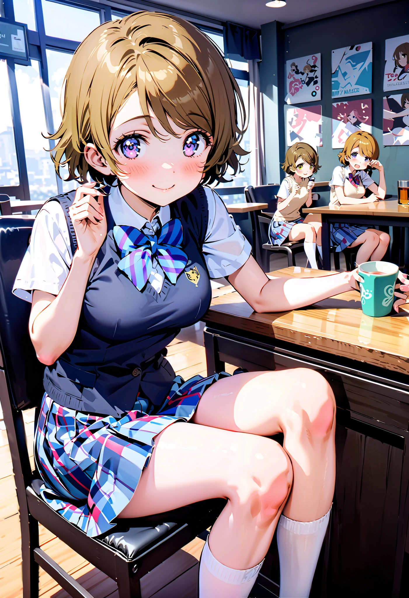 Hanayo Koizumi, short hair while on a business trip, tea hair, purple eyes,Medium breast,smile,blush, narrow your eyes, mouths,Glasses, skirt , bow, school uniform , socks , check pattern , knee-high, check pattern skirt , sweater vest, summer uniform, otonokizaka school uniform , BLACK PANTY STOCKING, sitting on a chair, as if the whole body is leaning against the fence {x} is in the illustration,eating rice ball,whole bodyがイラストに入るように, break looking at viewer,whole body,
break indoors, Club room,
break (masterpiece:1.2), best quality , kampala,unity 8k wallpaper,(shape:0.8),( fine, beautiful eyes :1.6),It's a person ,whole body写真,CG Details , ( perfect hand, complete anatomy),),