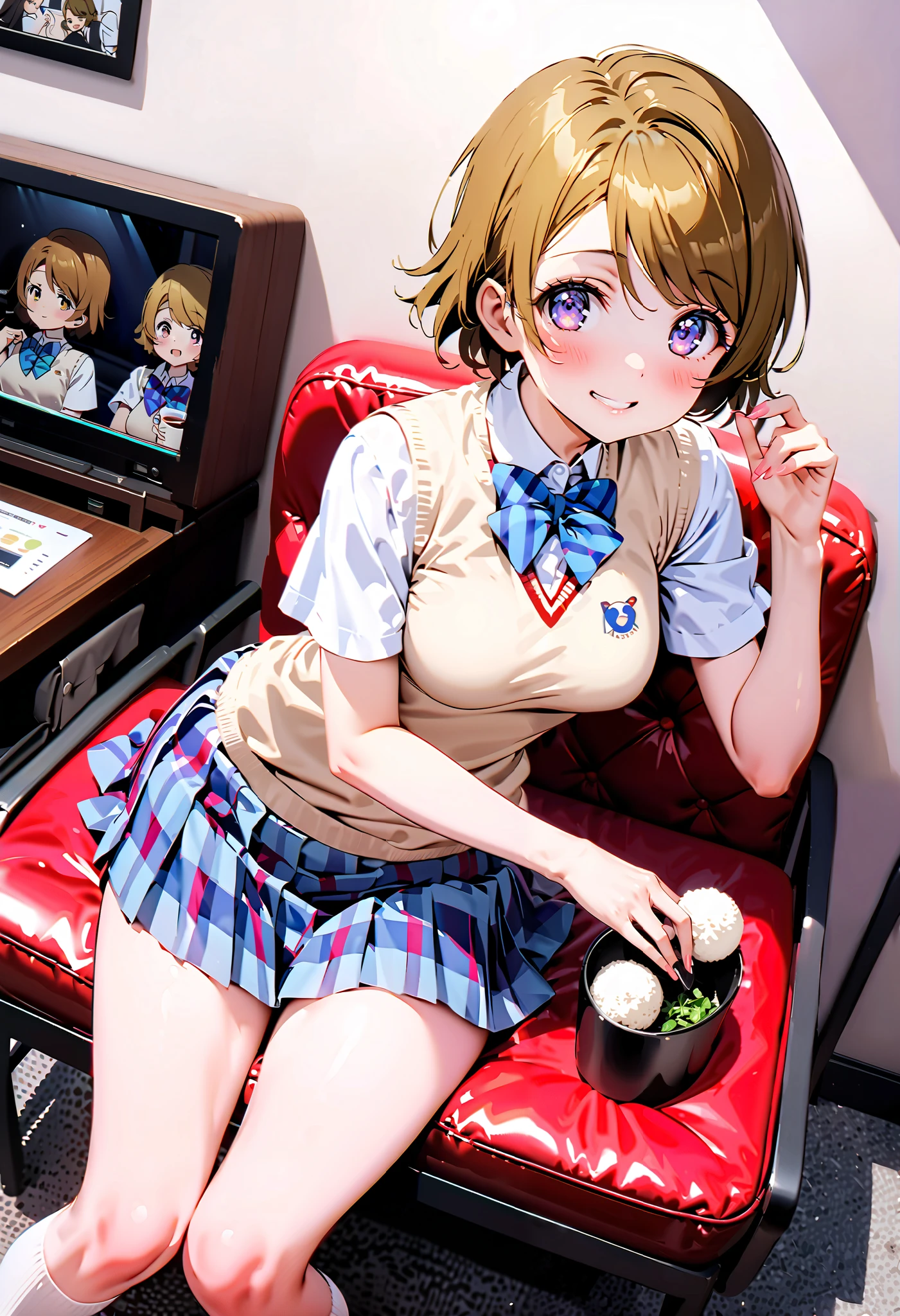 Hanayo Koizumi, short hair while on a business trip, tea hair, purple eyes,Medium breast,smile,blush, narrow your eyes, mouths,Glasses, skirt , bow, school uniform , socks , check pattern , knee-high, check pattern skirt , sweater vest, summer uniform, otonokizaka school uniform , BLACK PANTY STOCKING, sitting on a chair, as if the whole body is leaning against the fence {x} is in the illustration,eating rice ball,whole bodyがイラストに入るように, break looking at viewer,whole body,
break indoors, Club room,
break (masterpiece:1.2), best quality , kampala,unity 8k wallpaper,(shape:0.8),( fine, beautiful eyes :1.6),It's a person ,whole body写真,CG Details , (perfect hand, complete anatomy),),