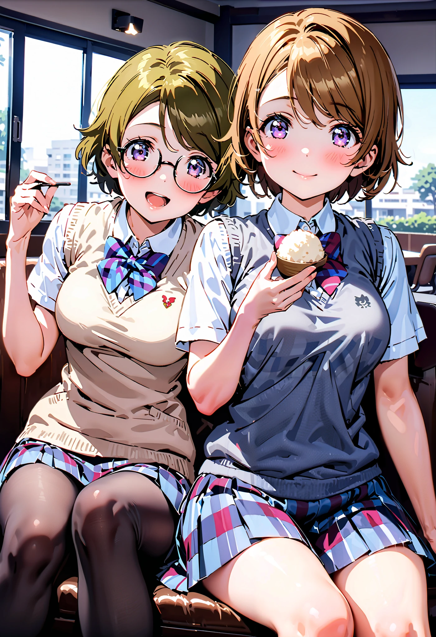Hanayo Koizumi, short hair while on a business trip, tea hair, purple eyes,Medium breast,smile,blush, narrow your eyes, mouths,Glasses, skirt , bow, school uniform , socks , check pattern , knee-high, check pattern skirt , sweater vest, summer uniform, otonokizaka school uniform ,rib tights , gray pantyhose , sitting on a chair, as if the whole body is leaning against the fence {x} is in the illustration,eating rice ball,whole bodyがイラストに入るように, break looking at viewer,whole body,
break indoors, Club room,
break (masterpiece:1.2), best quality , kampala,unity 8k wallpaper,(shape:0.8),( fine, beautiful eyes :1.6),It's a person ,whole body写真,CG Details , (perfect hand, complete anatomy),),