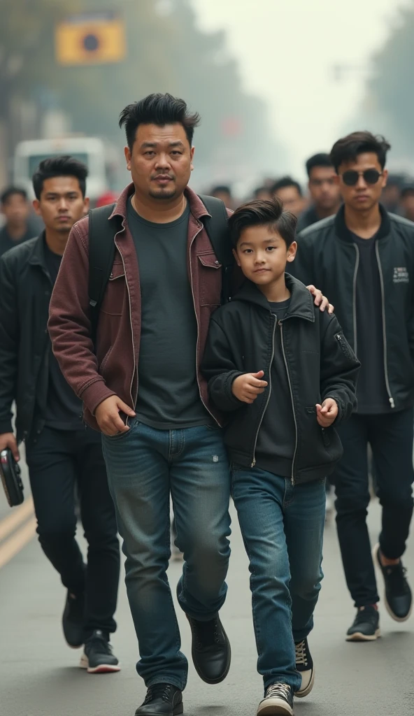 A handsome 35 year old Indonesian mafia boss is walking with his handsome 3 year old boy, wearing a shiny black leather jacket, Undercut hair is combed neatly, background of a group of mafia people, real photo, clear photo, professional photo, full HD, 4k