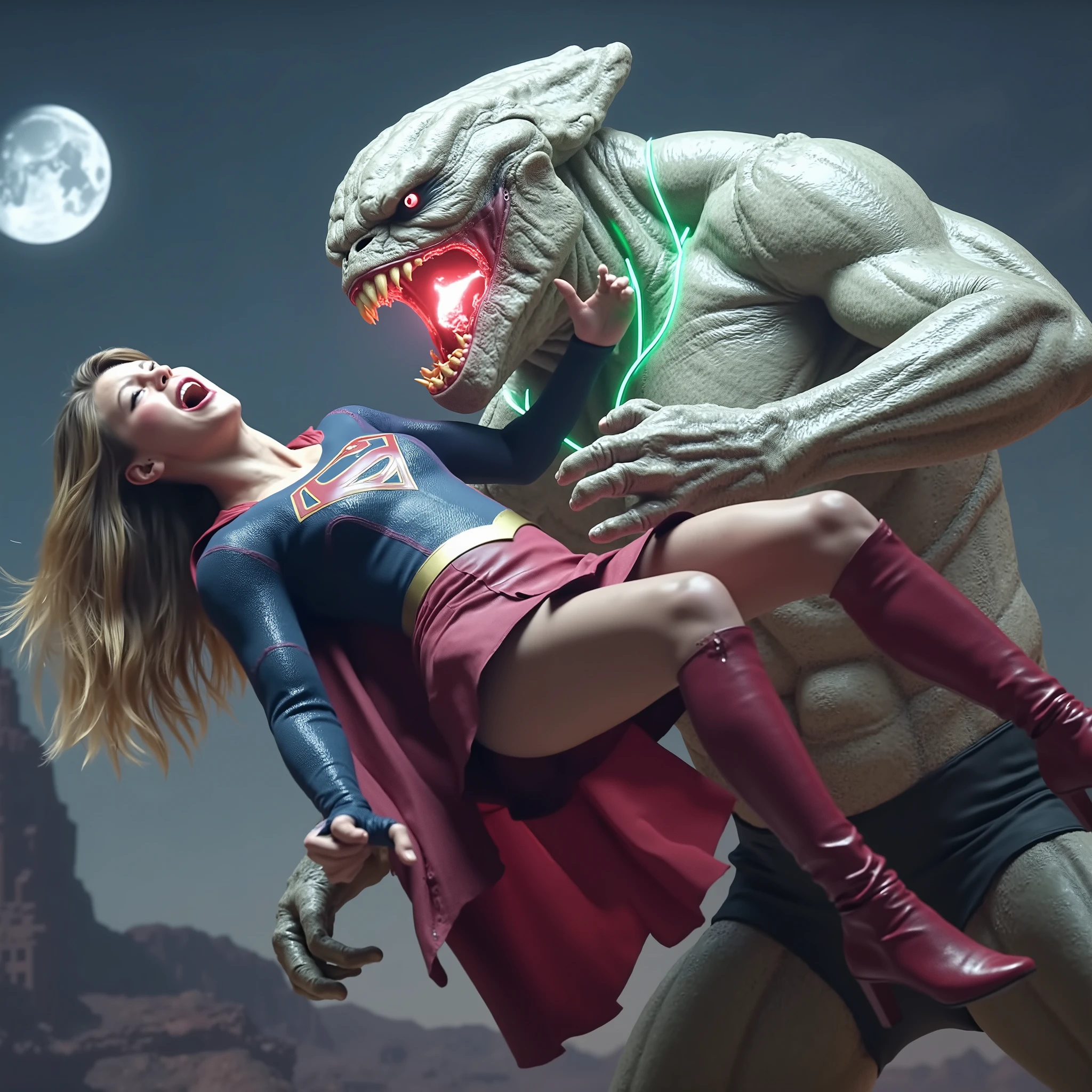 Supergirl is fighting with a huge alien monster, very bright white skin, can see whole body, She is wearing a thin black pantyhose, short red leather fabric skirt, red knee height long boots, blonde hair, lighting green collar on her neck, She is screaming in pain, seriously injured, painful, a huge body fierce Alien Monster carry Supergirl body, photorealistic, hyper realistic, night time on the Mar with moon lighting,