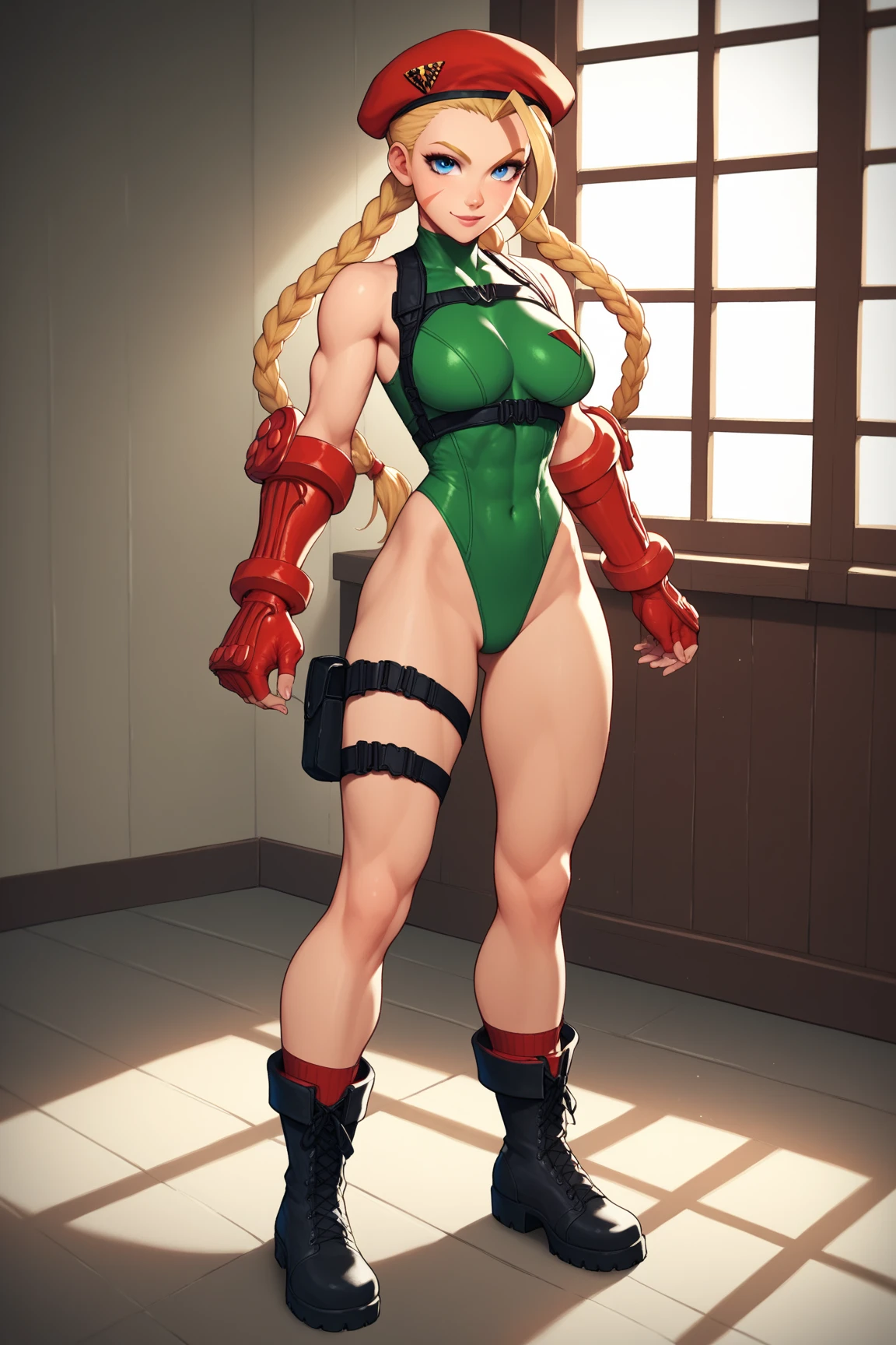 Cammy de Street fighter, sexy mini leotardo color verde tipo militar, botas negras tipo militar, Green beret, nationality England, United Kingdom, Height 164 cm, Weight 46 kg, blue eyes/greens, blond hair, hair styled in a braid, Bust measurements 86 cm, waist 57 cm, hips 88 cm,  Fighting style Shadaloo fighting techniques (Cammy Shadaloo), Delta Red training for self defense, (masterpiece), cinema quality, realistic photography, ultra high definition,