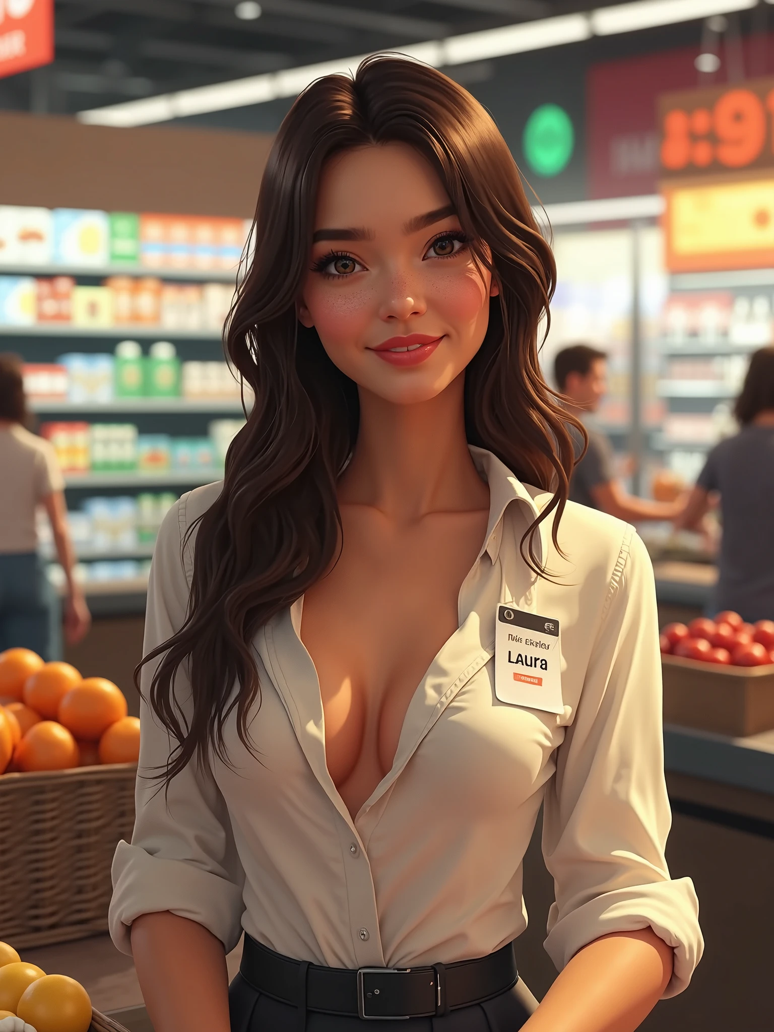 Beautiful cute busty mom in groceries shop