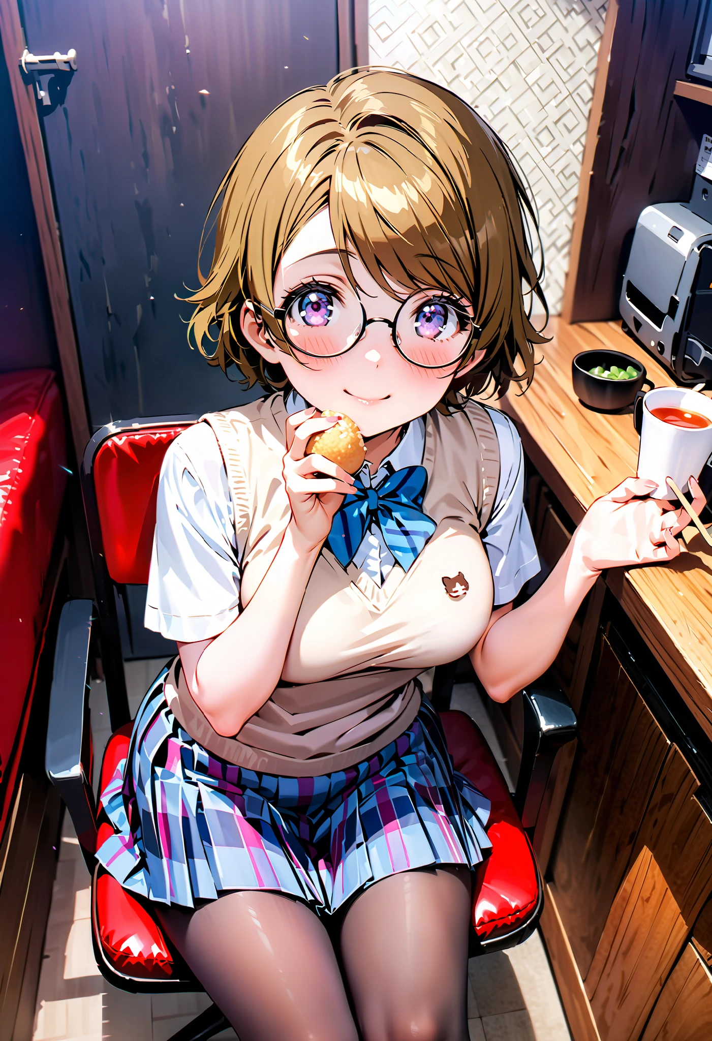 Hanayo Koizumi, short hair while on a business trip, Alone, tea hair, purple eyes,Medium breast,smile,blush, narrow your eyes, mouths,Glasses, skirt , bow, school uniform , socks , check pattern , knee-high, check pattern skirt , sweater vest, summer uniform, otonokizaka school uniform ,rib tights , gray pantyhose , sitting on a chair, as if the whole body is leaning against the fence {x} is in the illustration,eating rice ball,whole bodyがイラストに入るように, break looking at viewer,whole body,
break indoors, Club room,
break (masterpiece:1.2), best quality , kampala,unity 8k wallpaper,(shape:0.8),( fine, beautiful eyes :1.6),It's a person ,whole body写真,CG Details , (perfect hand, complete anatomy),),