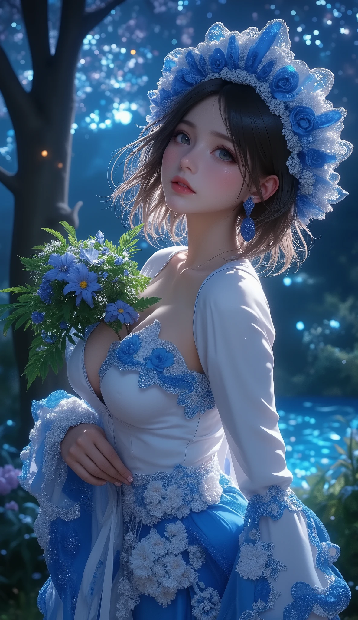 ((masterpiece, top quality , Ultra Fine, high definition )), Alone, Beautiful girl holding a cucumber, Eyeliner, perfect eyes, , blue theme, yukata, firework