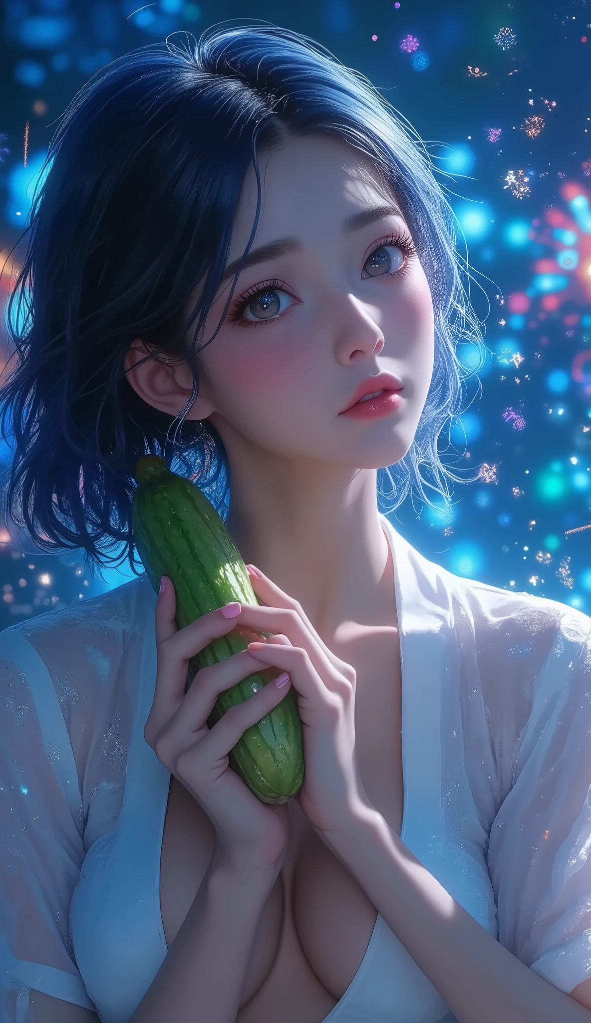 ((masterpiece, top quality , Ultra Fine, high definition )), Alone, Beautiful girl holding a cucumber, Eyeliner, perfect eyes, , blue theme, yukata, firework