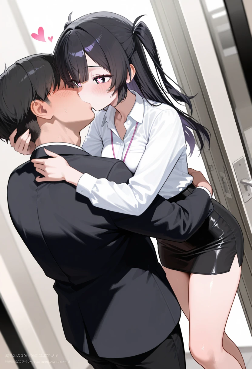 masterpiece, best quality, 8k, RAW photo、 heart-shaped light in the eyes、 small breasts 、 black hair 、 with two side up hair 、 spoiled expression、 mouths、 with bangs、 the girl has a happy expression 、(( deep kiss with a guy in my classmate))、Hug a fat elderly man、(( Thin Thighs))、Bare legs、 black tight skirt 、 nameplate 、's address, office lady、