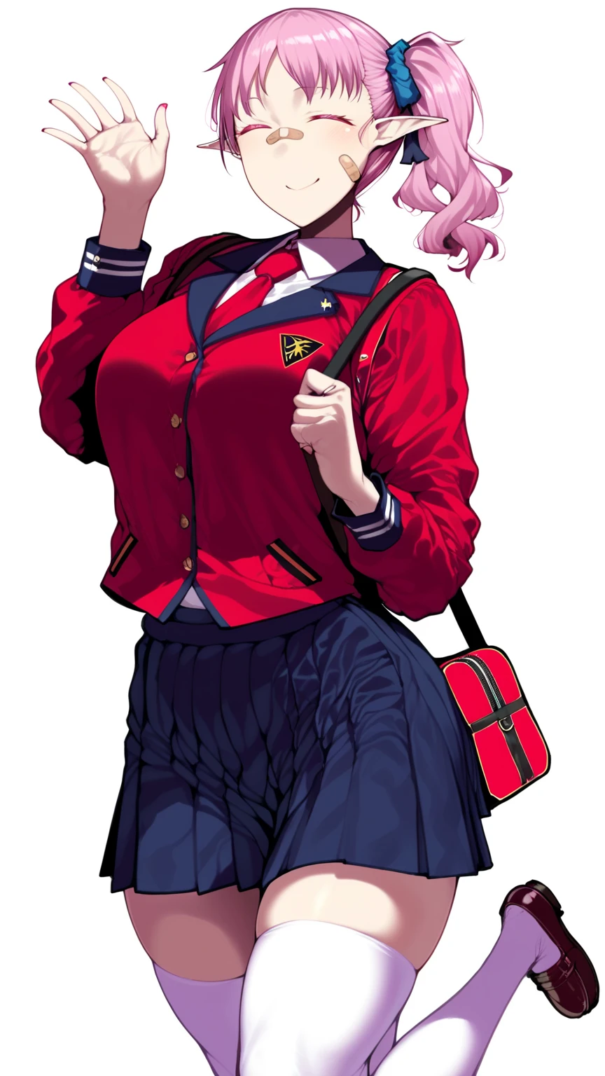  young woman,  Voluptuous women's clothing,  Short woman,  dark pink hair , pelo en 1 coleta a un Alone lado de la cabeza, Very bulky side ponytail, wavy hair, voluminous hair, the large,  dark pink eyelashes ,  Eyes Closed,  dark pink nails ,  tender smile,  tender look,  waving with one hand,  school uniform, camisa blanca con  red jacket,  red jacket, red tie, black flick,  extremely short skirt , pink school bag ,  thigh-length white stockings ,  correct anatomy ,  high quality, anime,  anime tanishi style ,  completely white background , Alone, Persona sola, completamente Alone, 1 person,  pointed ears, elf ears, Band-aid on the cheek, Big band-aid on the cheek,  band-aid on my nose 