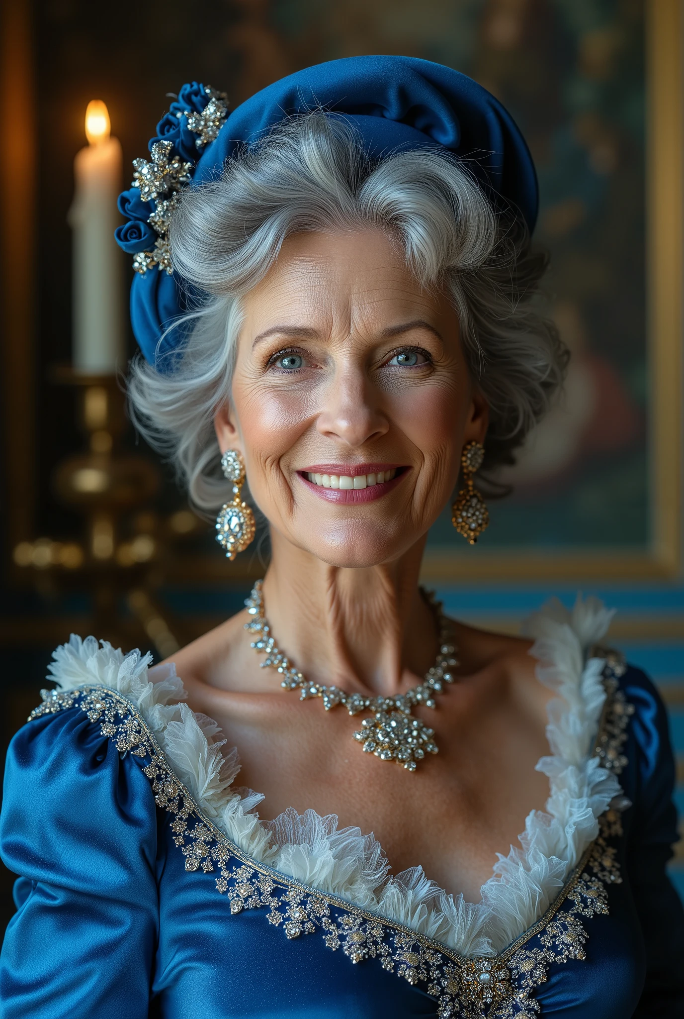 portrait, Front view, New character, name is Jessica, 60-age, (White English,beautiful face, short elegant gray hair, beautiful blue eye, cute lip, gold and blur 1 carat diamond neck less, diamond earring, blue gorgeous decoration hat, smile) , (big breasts), Blue elegant velvet dress, cinematic lighting ,1 candle light, from right upper lighting ,(masterpiece, Best Quality, high resolution on down, Realistic, sharp, RAW photos from the last century, wallpaper, perfection, Professional Lighting, very detailed)