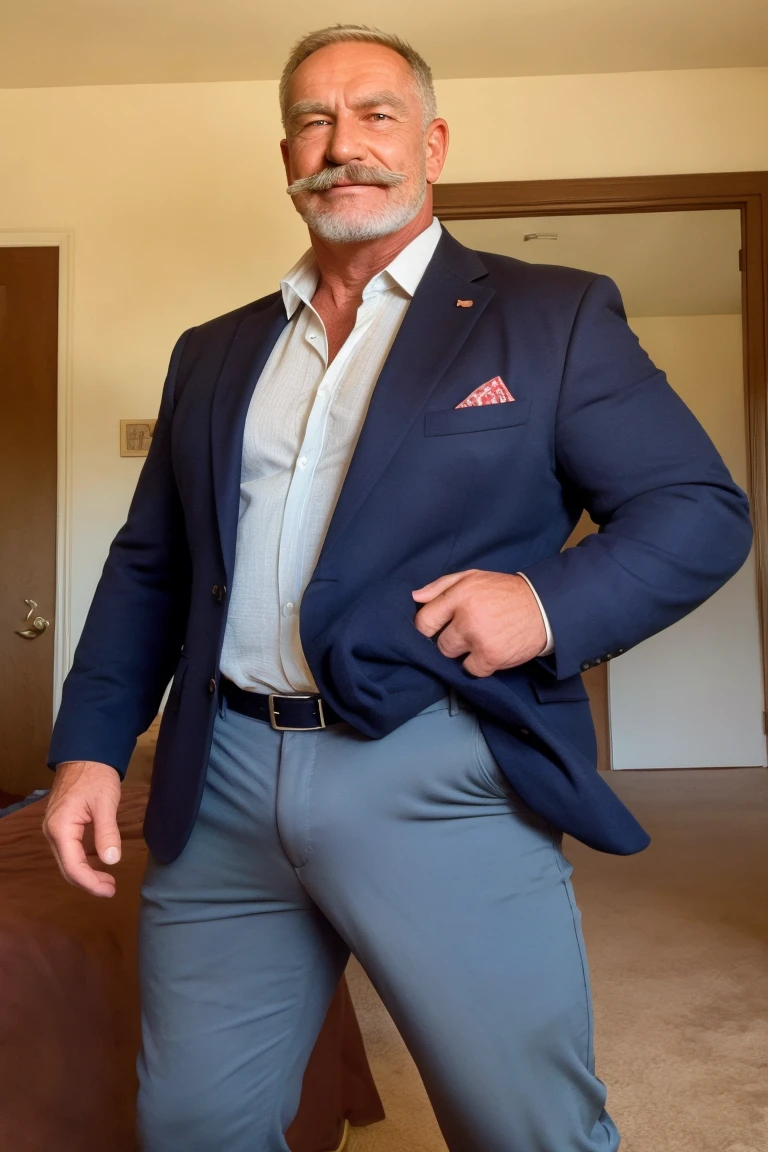 age 60, chubby white man, black suit, daddy, bear belly, bulge pants,
