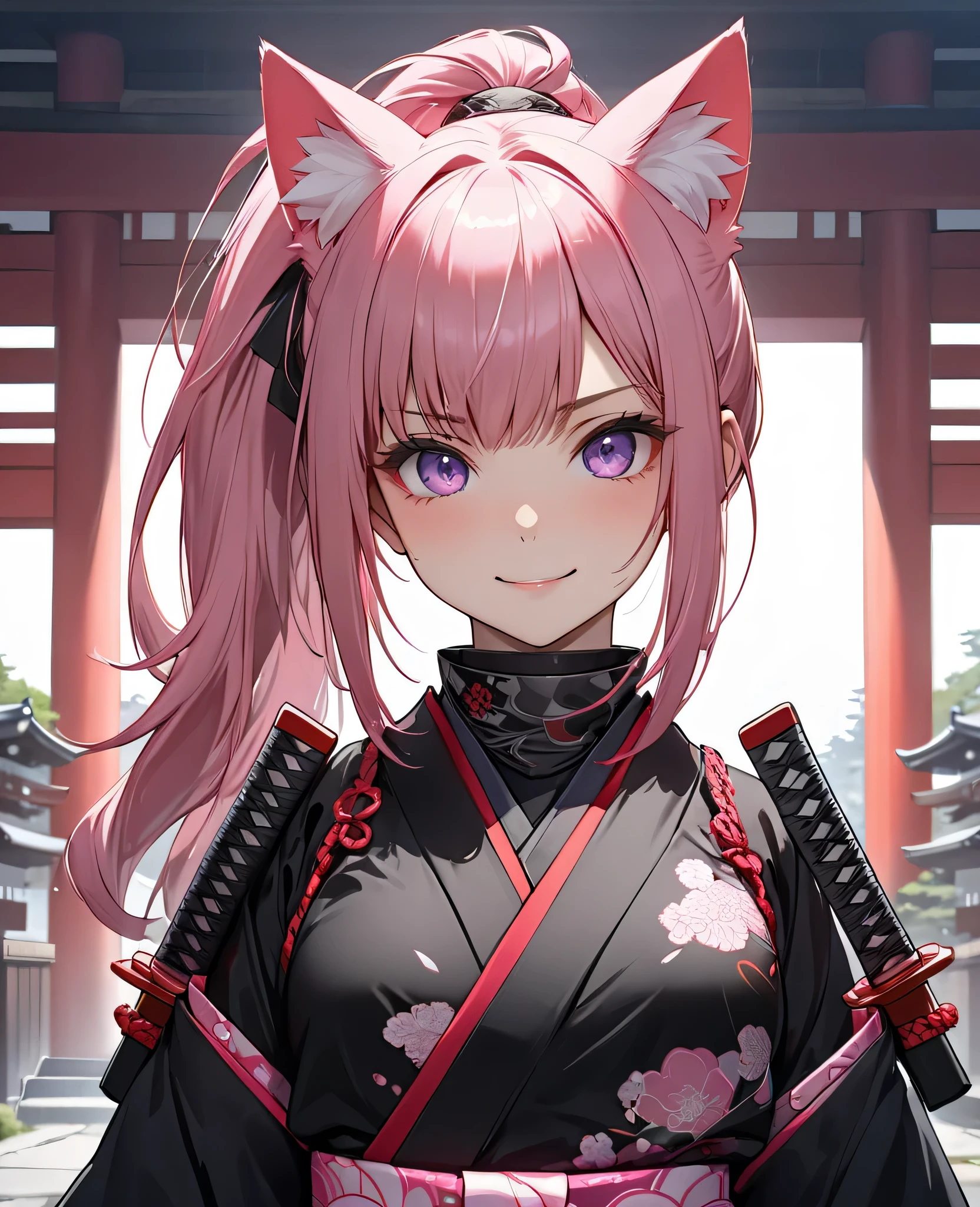 ((best quality)), ((masterpiece)), (detailed), (4k), (8K), 1girl, Animé girl, beautiful, glowing face and skin, pechos grandes, make-up, pink hair, long, ponytail , pink cat ears, purple eyes, collar plateado, (( modern samurai clothing in black and pink)), black and red katana on the waist . very intimidating look , glowing eyes, subtle smile. In front of a Japanese temple . (highly detailed textures), (highly detailed clothes), ( highly detailed cute face ).