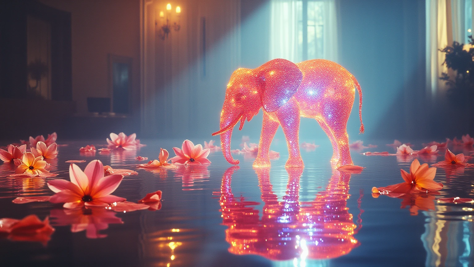 Surreal、 Fantastic interior Scene , • Flowers appear to float naturally on the surface of the water , while keeping the soft reflections around , • Make it appear with rainbow and soft tones as the main 。 creates a seamless blend between reality and reflection , blends with the cool rainbow colors of Aurora glass paper 。orange color、 Soft natural light through Tall glass windows inject into the room , Adds a strange feeling 。 The bright light evokes a feeling of wonder and tranquility , Luxurious crystal chandelier refracts light into dazzling patterns 。 on the top of his head , Pink and yellow flowers gently float on the water surface , enhances the atmosphere of the space 。
style:
Dreamcore 美學著重於Surreal的優雅。 • Soft light emanating from the window creates a vivid contrast with vibrant floral tones {x } The glowing aurora glass paper on the portrait and the interaction of reflection and light create a magical and extraordinary sense of solitude。 The vivid colors and softness of the flowers 、 reflecting the bright flowers scattered throughout the room 。
detail:
• Branch-shaped chandeliers and beams and rays emanating from windows enhance the magical beauty , and according to the angle of the light 。
used to capture the whole room and the reflections , • Warm natural light radiating through windows 。
• Crystal chandelier adds a gorgeous feel , adds a wonderful texture to the scene 。
creates intricate patterns on water and sculpture , refracted light on the wall 、 creates vitality with soft balance 。
• Aurora glass paper coating of the elephant sculpture emits a bright multicolored glow ,強調了Surreal的夢幻氛圍。
Lighting and Filters :
Dreamcore aesthetics focus on surreal elegance , suitable for natural light and artificial Light mixed indoor lighting 。
forms subtle rainbow glare and reflections on sculptures and water surfaces 。
• Water surface mapping the floral arrangement , Glittering rainbow color 。
• Soft focus with subtle luminous highlights on reflective surfaces Fruit 。
Camera Settings :
• Lens Type : 35mm Wide Angle Lens ( accentuates the surreal dreamlike atmosphere )。
• Aperture :f/2.8( Creates even depth of field , clearly focuses elephants and water )。
• Shutter Speed :1/200th of a second(凍結光反射和detail)。
• ISO:400( The sculpture stands in a shallow reflecting pool )。
• White Balance : showing a life-size large figurine 。
• Focus : centered on elephant sculpture , Ensure Clarity , The change 。