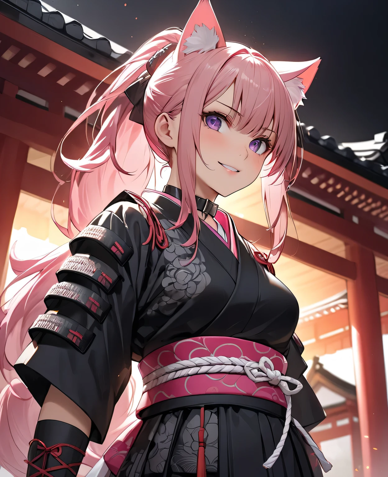 ((best quality)), ((masterpiece)), (detailed), (4k), (8K), 1girl, Animé girl, beautiful, glowing face and skin, pechos grandes, make-up, pink hair, long, ponytail , pink cat ears, purple eyes, collar plateado, (( modern samurai clothing in black and pink)), black and red katana on the waist . very intimidating look , glowing eyes, subtle smile. In front of a Japanese temple . ( seen from below). (highly detailed textures), (highly detailed clothes), ( highly detailed cute face ).