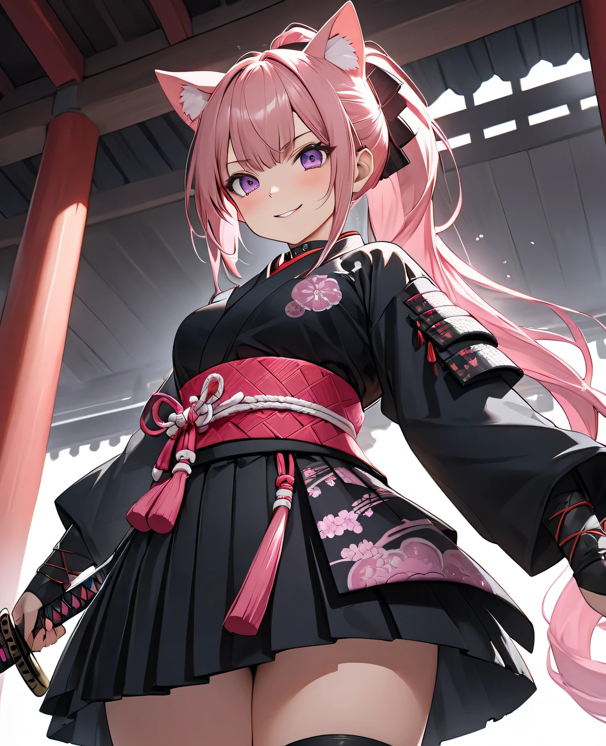 ((best quality)), ((masterpiece)), (detailed), (4k), (8K), 1girl, Animé girl, beautiful, glowing face and skin, pechos grandes, make-up, pink hair, long, ponytail , pink cat ears, purple eyes, collar plateado, (( modern samurai clothing in black and pink)), black and red katana on the waist . very intimidating look , glowing eyes, subtle smile. In front of a Japanese temple . cielo azul. ( seen from below). (highly detailed textures), (highly detailed clothes), ( highly detailed cute face ).