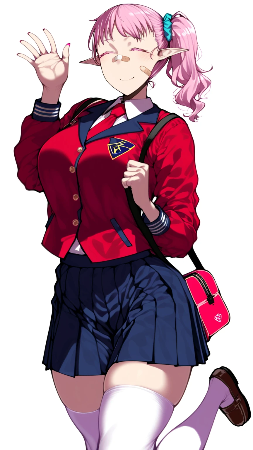  young woman,  Voluptuous women's clothing,  Short woman,  dark pink hair , pelo en 1 coleta a un Alone lado de la cabeza, Very bulky side ponytail, wavy hair, voluminous hair, the large,  dark pink eyelashes ,  Eyes Closed,  dark pink nails ,  tender smile,  tender look,  waving with one hand,  school uniform, camisa blanca con  red jacket,  red jacket, red tie, black flick,  extremely short skirt , pink school bag ,  thigh-length white stockings ,  correct anatomy ,  high quality, anime,  anime tanishi style ,  completely white background , Alone, Persona sola, completamente Alone, 1 person,  pointy ears, elf ears, Band-aid on the cheek, Big band-aid on the cheek,  band-aid on my nose 
