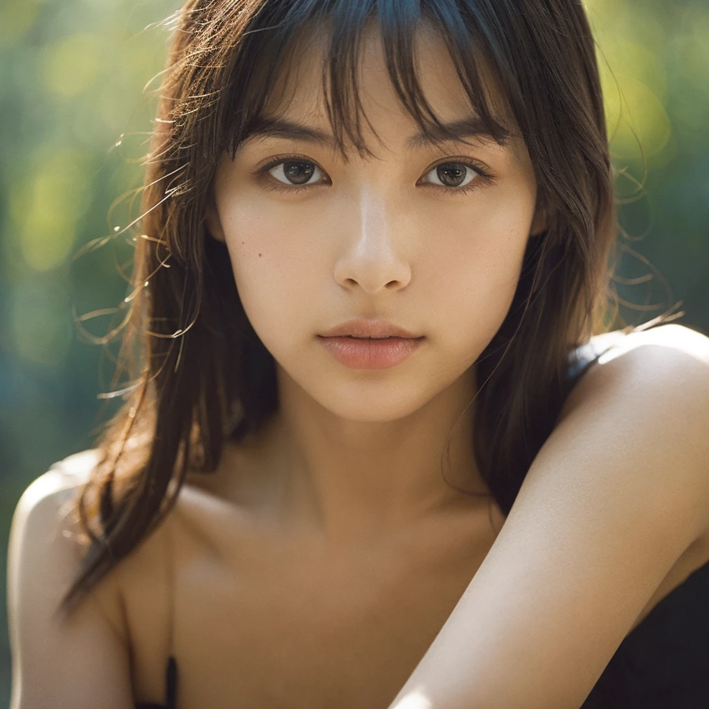 movie, film portrait photography, 1 girl, bare shoulders, wavy shoulder-length hair, calm, Calm, (realistic detailed eyes, natural skin texture, realistic facial details), soft and dramatic lighting, Depth of bounds written, Bokeh, vivid details, in detail, surreal, 35mm film, hazy blur