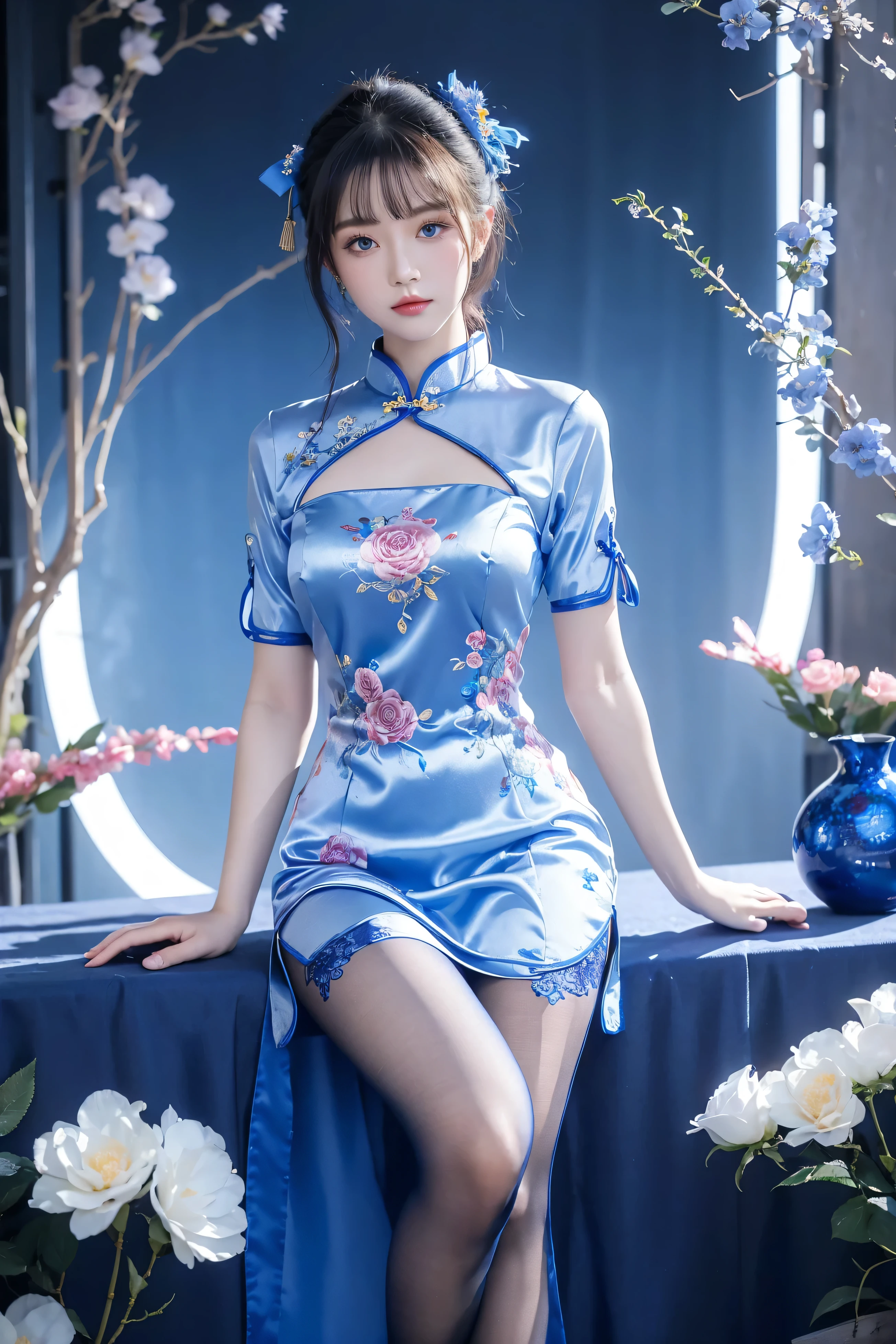 Cheongsam, 1 girl, blue bow, blue eyes, blue flowers, blue ribbon, blue rose, chest, Chinese clothing, Chinese clothing, dress, flower, gradient, gradient background, embroidered ball flower, looking at the audience, small chest, pantyhose, rose, single, thigh pantyhose, Chinese paper fan with painting on it,