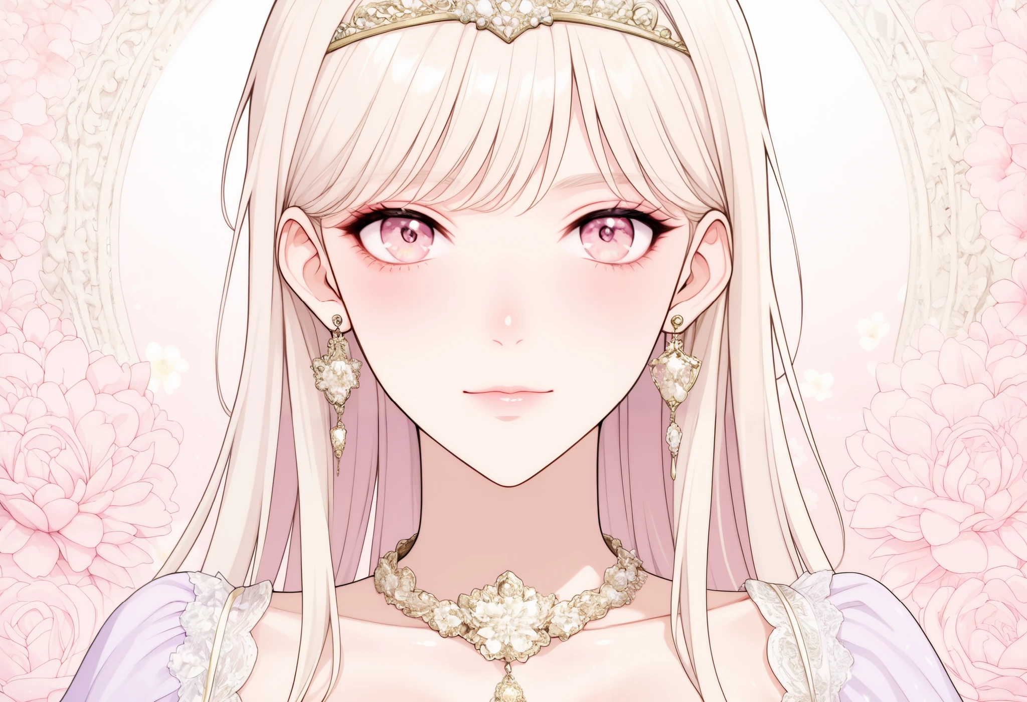 MWV-Illu, (masterpiece), (best quality), (ultra-detailed), amazing quality, very aesthetic, illustration, perfect composition, intricate details, absurdres, incredibly absurdres, shiny skin, realistic, ((floral background, romance manhwa)), (close up), (2girls aligned:1.2), couple, pink hair, platinum-blonde hair, solo, long hair, flower, dress, thick eyeblows, flower, straight hair, blaid, closed mouth, collarbone, breast, (cleavage), puffy sleeves, white dress, purple dress, elbow gloves, earrings, necklace, (tiara), jewelry, golden, lace trimmed, bow, face focus, teasing, beautiful face, detailed eyes, detailed pupil, looking at viewer, all intricate