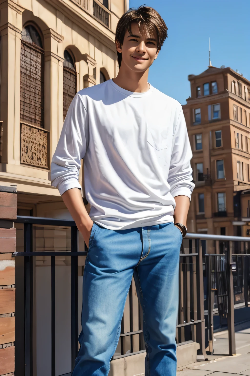 Age 25々Cool guy、What it's like to be a model、Chic and casual clothing、Delicate face、good looking、I am brunette、Brown eyes、Daytime on a sunny day、Cool standing figure、The scenery in the background is a cityscape、Live-action shooting style、High quality 8k、Bright smile、like a model、One Man、