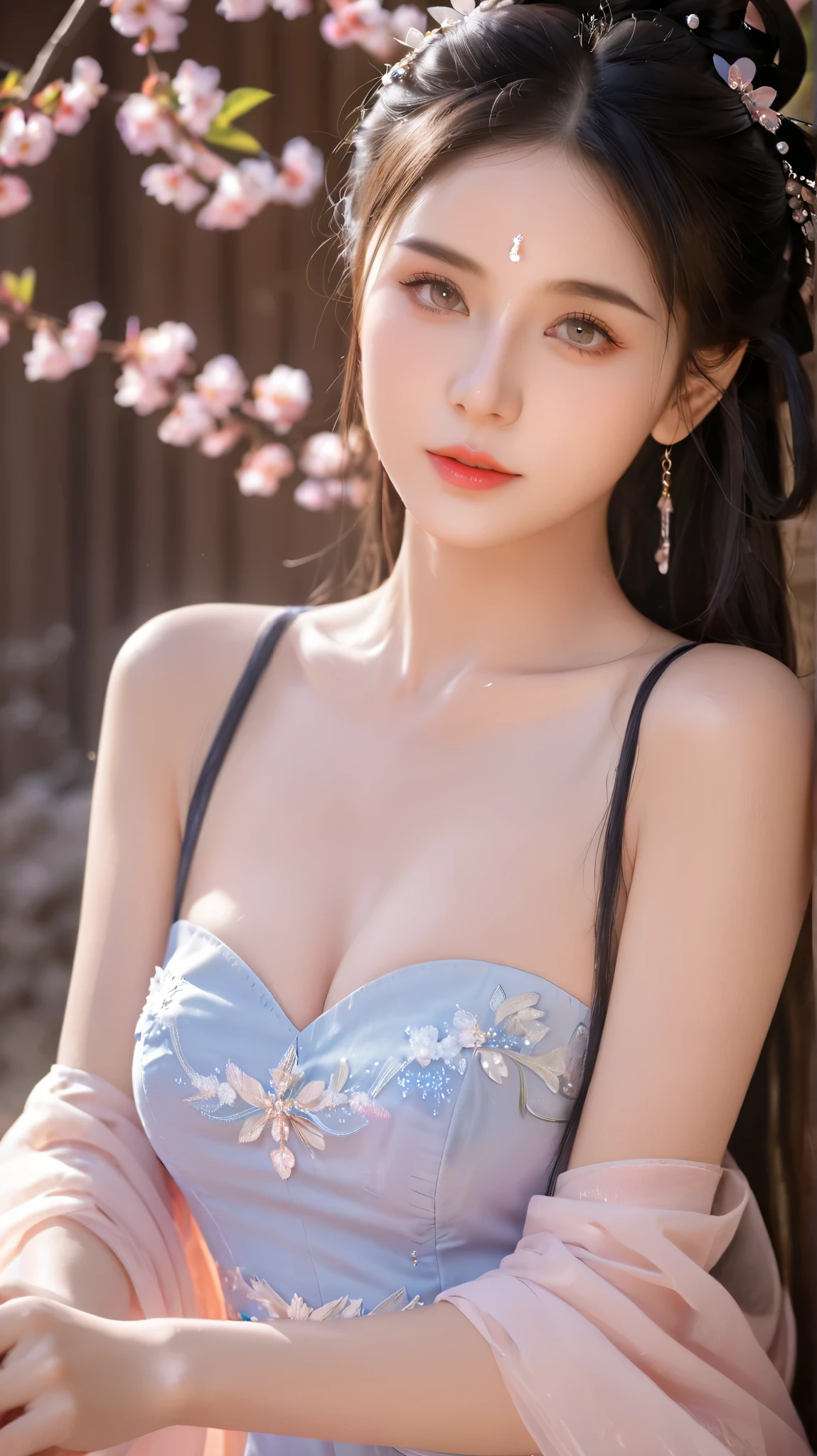 ((masterpiece, top quality, super definition, high definition)), solo, beautiful girl, shining eyes, perfect eyes, 16 years old, fluttering chest, cleavage, blue theme, yukata, fireworks