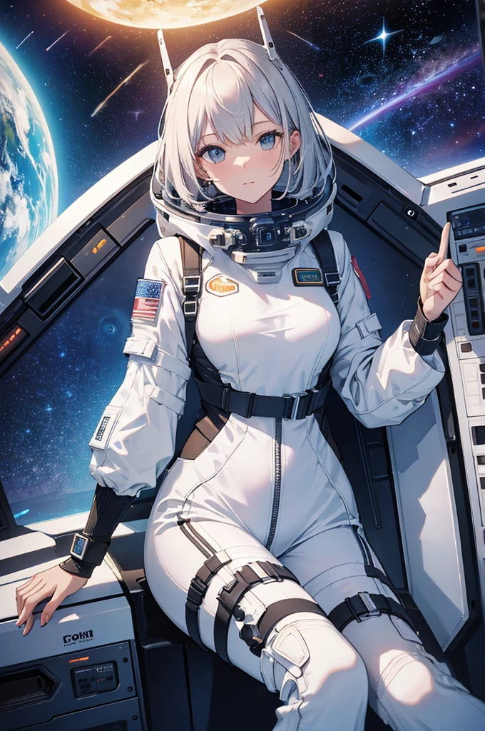 Absurd resolution, high resolution, (masterpiece:1.4), ultra-detailed, 1girl, in a spacesuit, seen from above, space, floating, satellite, outer space operation, wide-angle lens distortion