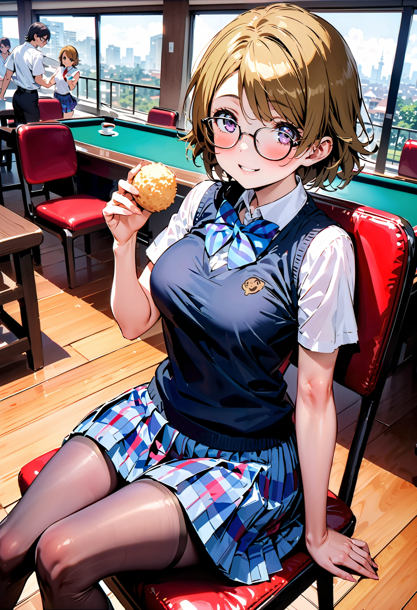 Hanayo Koizumi, short hair while on a business trip, Alone, tea hair, purple eyes,Medium breast,smile,blush, narrow your eyes, mouths,Glasses, skirt , bow, school uniform , socks , check pattern , knee-high, check pattern skirt , sweater vest, summer uniform, otonokizaka school uniform ,rib tights , gray pantyhose , sitting on a chair, as if the whole body is leaning against the fence {x} is in the illustration,eating rice ball,whole bodyがイラストに入るように, break looking at viewer,whole body,
break indoors, Club room,
break (masterpiece:1.2), best quality , kampala,unity 8k wallpaper,(shape:0.8),( fine, beautiful eyes :1.6),It's a person ,whole body写真,CG Details , ( perfect hand, complete anatomy),),