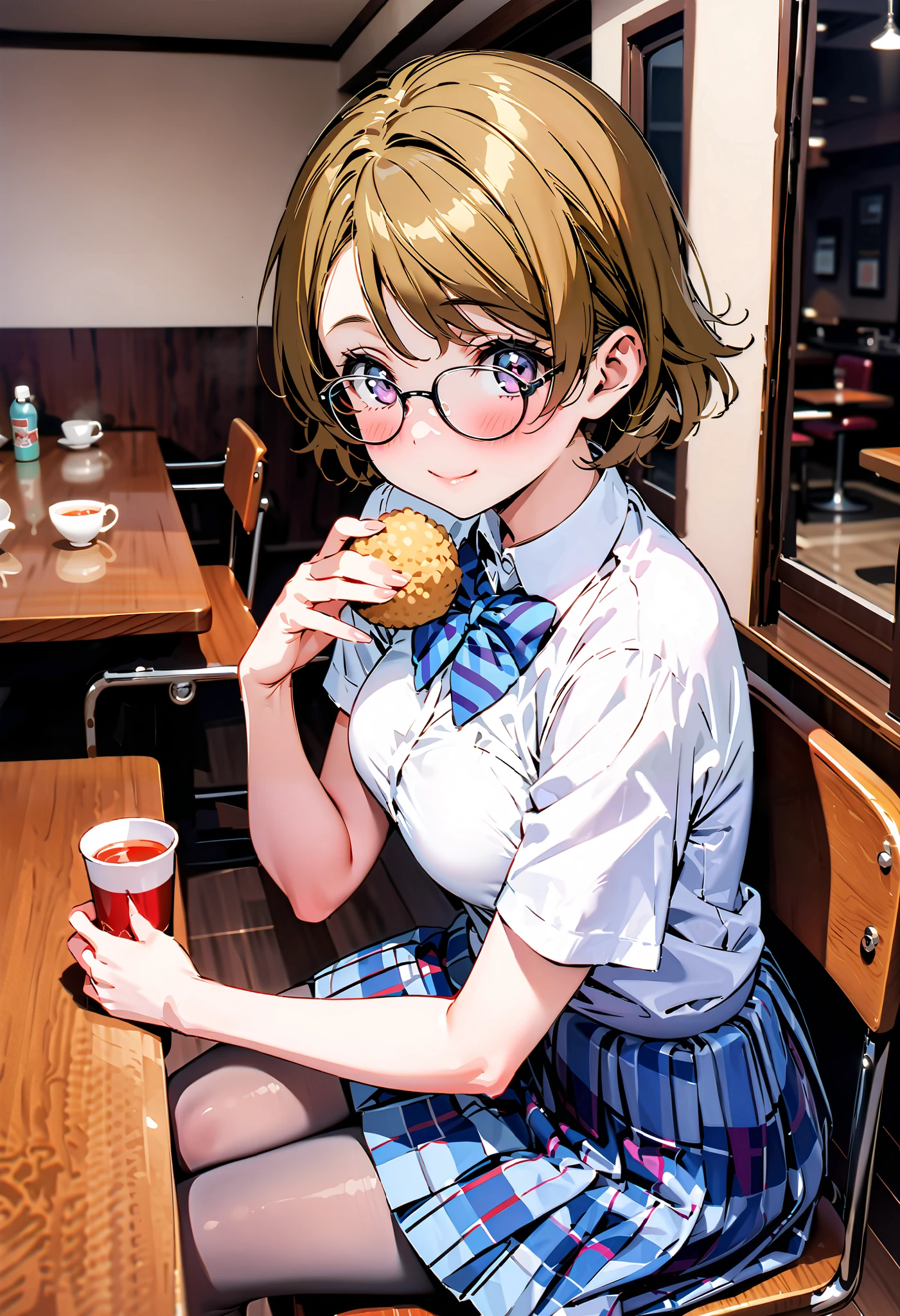 Hanayo Koizumi, short hair while on a business trip, Alone, tea hair, purple eyes,Medium breast,smile,blush, narrow your eyes, mouths,Glasses, skirt , bow, school uniform , socks , check pattern , knee-high, check pattern skirt , sweater vest, summer uniform, otonokizaka school uniform ,rib tights , gray pantyhose , sitting on a chair, as if the whole body is leaning against the fence {x} is in the illustration,eating rice ball,whole bodyがイラストに入るように, break looking at viewer,whole body,
break indoors, Club room,
break (masterpiece:1.2), best quality , kampala,unity 8k wallpaper,(shape:0.8),( fine, beautiful eyes :1.6),It's a person ,whole body写真,CG Details , ( perfect hand, complete anatomy),),