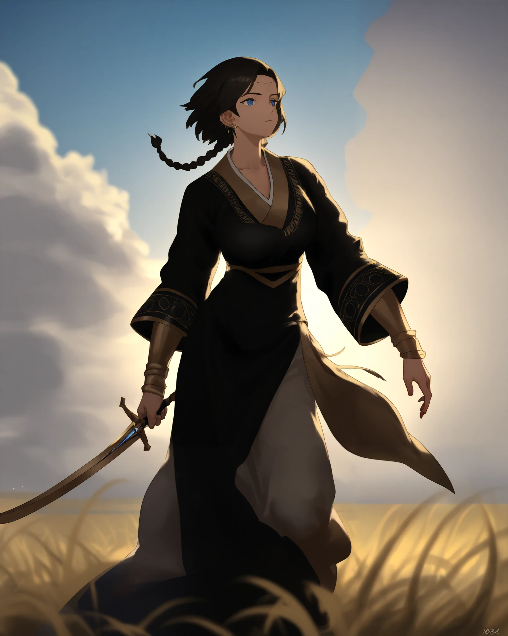 Insanely detailed intense film grain painting of a gorgeous steppe nomad warrior woman, shown in full body view. She stands tall and confident, facing directly forward with piercing, icy dark blue eyes narrowed sharply in a merciless and condescending gaze. Her lightly sun-kissed skin is marked with intricate war paint, and her short hair, ending at the nape of her neck, includes a few small warrior braids. Her physique is athletic yet feminine, with an hourglass shape, broad shoulders, and powerful limbs. She wields a bloodied, curved sword in one hand, while the other grips the severed head of a defeated enemy. Her traditional Mongolian-inspired leather warrior outfit is adorned with fur trims and tribal patterns, blending elegance with raw strength. Blood spatters on her armor and skin, evidence of a brutal battle. The background features a windswept steppe with golden grass and a vast, open sky, where several lifeless bodies are scattered, adding to the ominous and victorious atmosphere. Hyperdetailed, 32k resolution, dynamic lighting, volumetric lighting, triadic colors, intricate details, trending on Artstation, ethereal and intense atmosphere.
