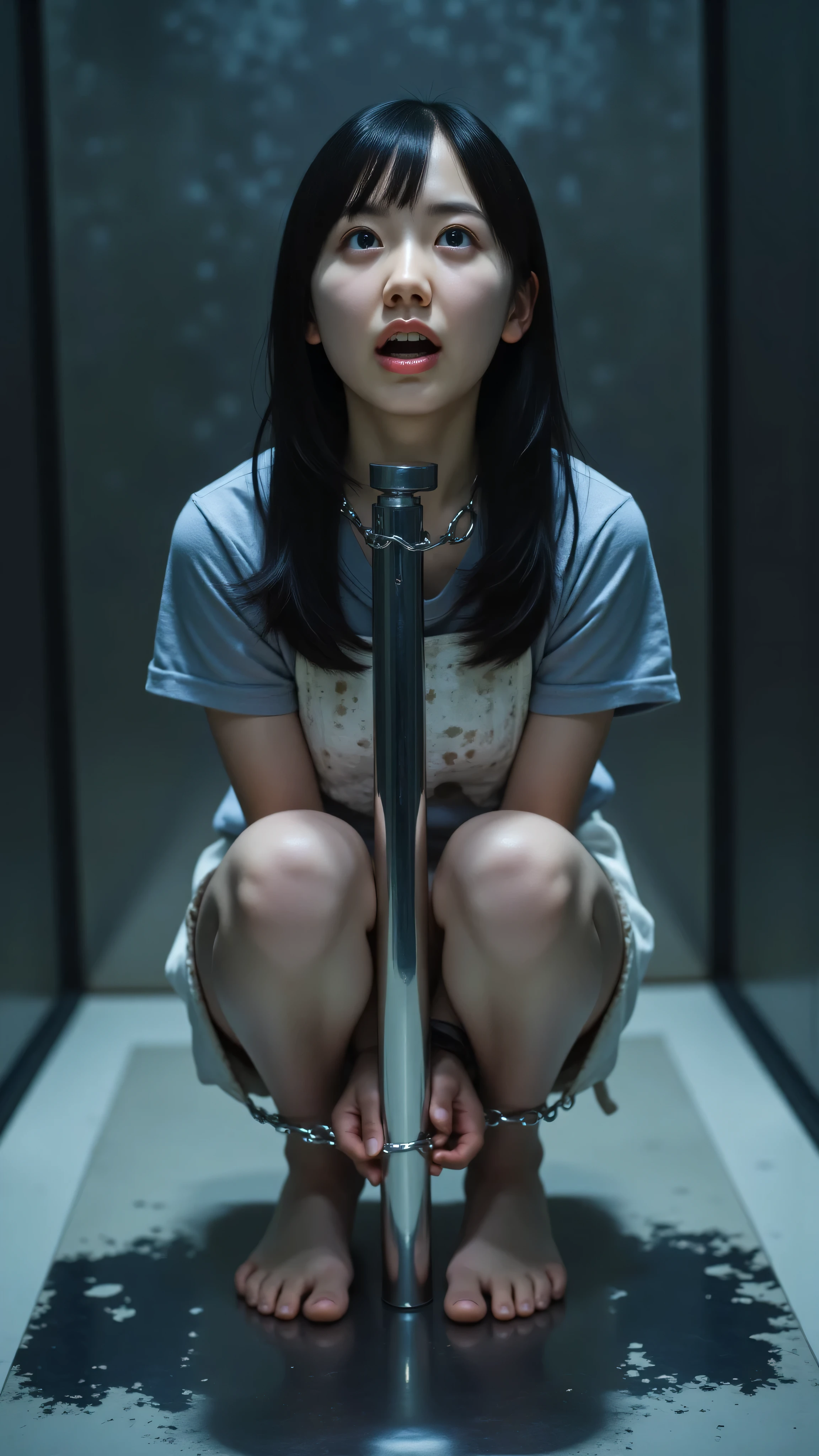 This photo was taken to promote a horror movie
. The photo shows an actress from the front
. The photo was taken in 8k high resolution
. The actress has a name, and that name is MANA ashida
. The actress look like 22-year-old girl
. The actress is 5-head tall, slim, and has smooth skin
. The actress has a big head and a round, plump face
. The actress has a short hair and glossy black hair color
. The actress is crying with tears
. The actress has a frightened face
. The actress stares upwards with lifeless, hollow eyes
. The actress furrowed her brow
. The actress has a mouth wide open
. The actress is squatting with her legs spread wide
. The actress is not wearing makeup
. The actress is wearing a dirty white bra and white panties
. The actress is wearing a dirty T-shirt and a dirty jeans shorts
. The actress is barefoot
. The actress is on a reflection chrome plated platform
. The platform has a pole in the middle of the surface
. The pole is reflection chrome plated
. The woman is holding a pole
. The actress is wearing a iron collar
. The iron collar is attached to the pole by a chain
. The actress has both hands handcuffed
. The handcuff is attached to the pole by a chain