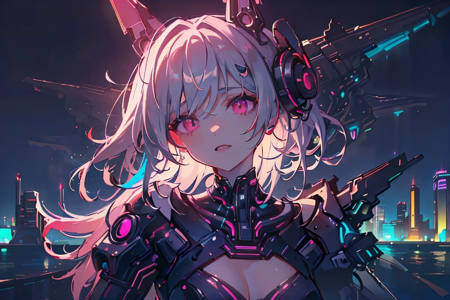最high quality、best image quality、masterpiece、android girl((18-year-old、 By becoming、vest bust、medium bust,wide open breast tea、red glowing eyes, water hair、messy hair、long hair、thin,highest valley、white robot body、shining blue body、Close ~ eyes、All connected to cables、Show the whole body、robot arm、robot feet、villain、)),high quality、beautiful art、background((dark bio facility、dark room、Infrared Sensor、red lighting))、Flight、debris flies、Depth of written boundary、movie、visual art、perfect art、8K,genuine、