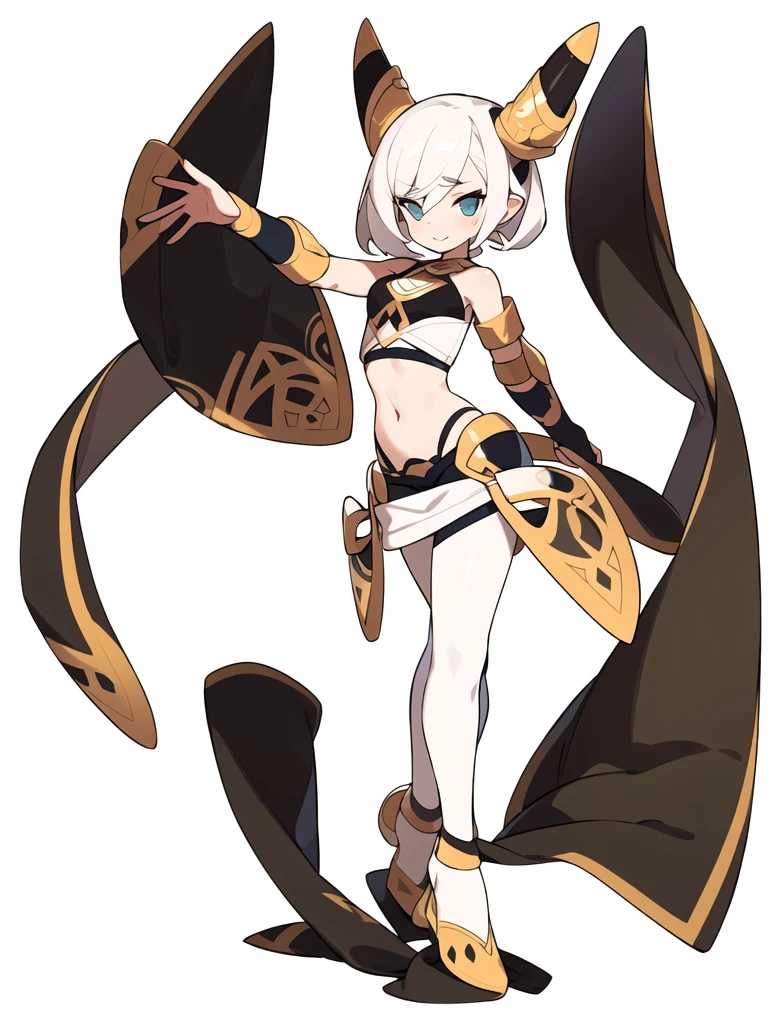 1 girl, mature looking, Short side swept bangs, well kept hair, a single low long ponytail, tan skin, Light green hair, amber eyes, shaman attire, Tribal markings on arms and legs, Early Twenties, full body, looking at viewer, calm smile, Medium Breast