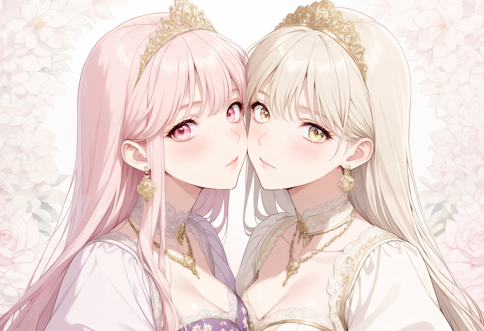 MWV-Illu, (masterpiece), (best quality), (ultra-detailed), amazing quality, very aesthetic, illustration, perfect composition, intricate details, absurdres, incredibly absurdres, shiny skin, realistic, ((floral background, romance manhwa)), (close up), (2girls:1.4), side by side, aligned, cheek press, take your pick, couple, pink hair, platinum-blonde hair, solo, long hair, flower, dress, thick eyeblows, flower, straight hair, blaid, closed mouth, collarbone, breast, (cleavage), puffy sleeves, white dress, purple dress, elbow gloves, earrings, necklace, (tiara), jewelry, golden, lace trimmed, bow, face focus, teasing, beautiful face, detailed eyes, detailed pupil, looking at viewer, all intricate