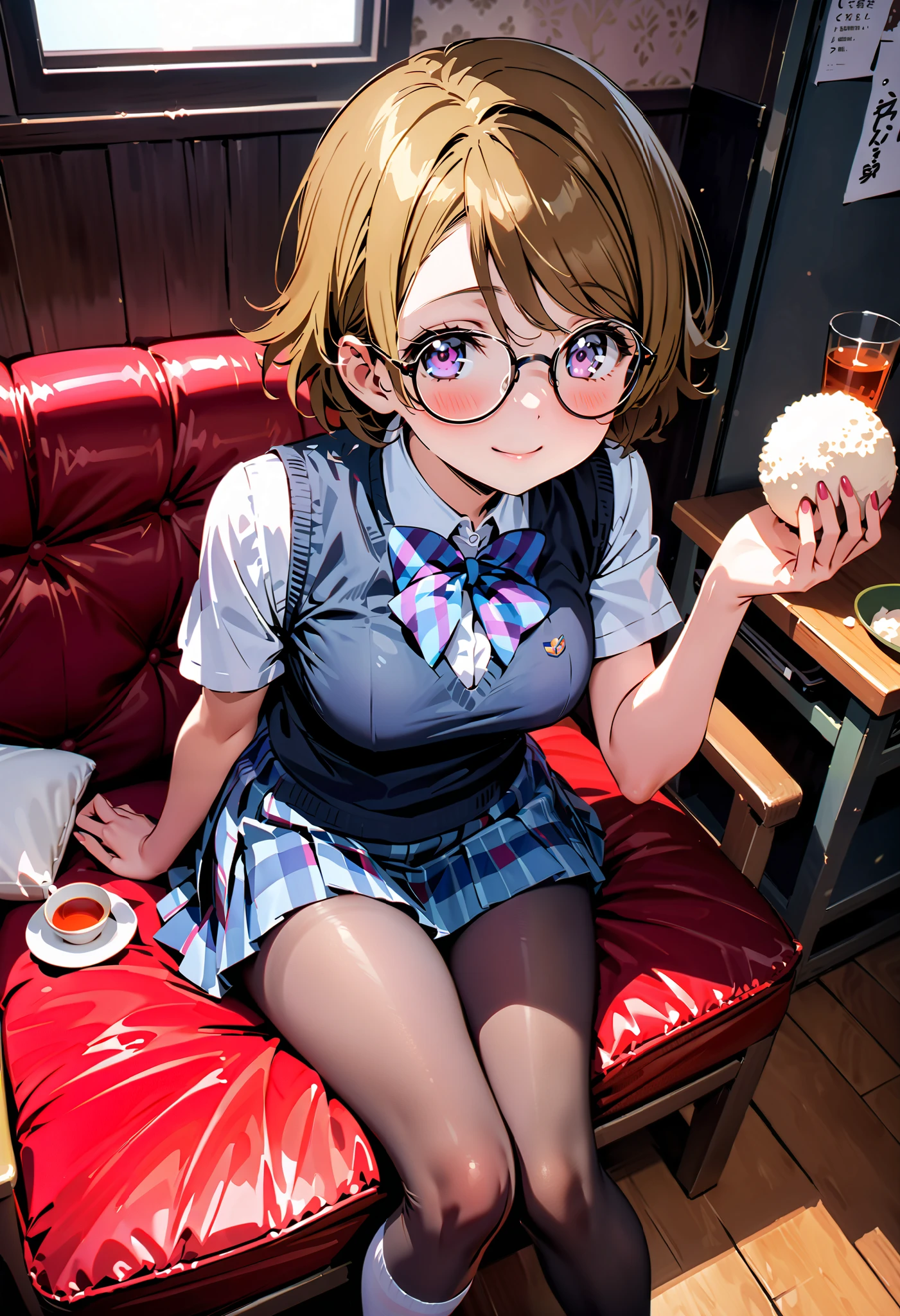 Hanayo Koizumi, short hair while on a business trip, Alone, tea hair, purple eyes,Medium breast,smile,blush, narrow your eyes, mouths,Glasses, skirt , bow, school uniform , socks , check pattern , knee-high, check pattern skirt , sweater vest, summer uniform, otonokizaka school uniform ,rib tights , gray pantyhose , sitting on a chair, as if the whole body is leaning against the fence {x} is in the illustration,eating rice ball,whole bodyがイラストに入るように, break looking at viewer,whole body,
break indoors, Club room,
break (masterpiece:1.2), best quality , kampala,unity 8k wallpaper,(shape:0.8),( fine, beautiful eyes :1.6),It's a person ,whole body写真,CG Details , ( perfect hand, complete anatomy),),